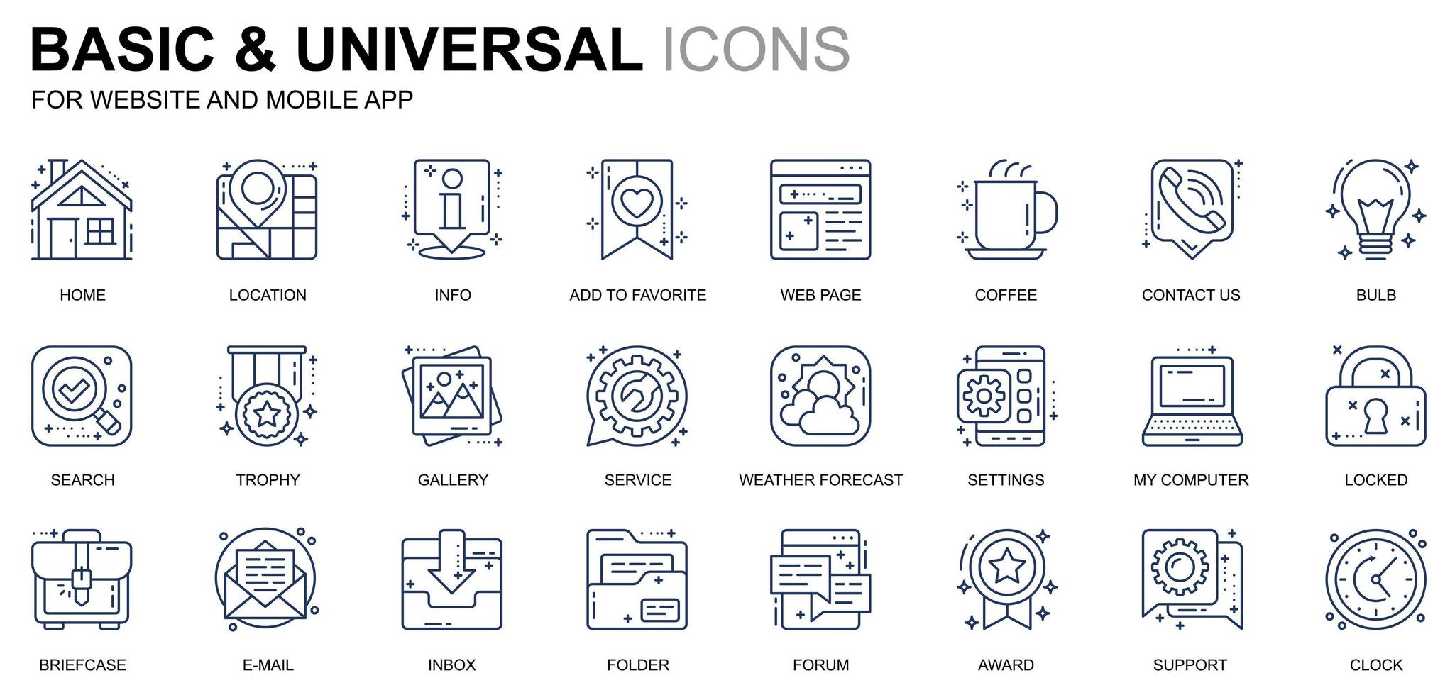 Simple Set Basic Line Icons for Website and Mobile Apps. Contains such Icons as Location, Briefcase, Lamp, Support, Business, Award. Conceptual color line icon. Vector pictogram pack.