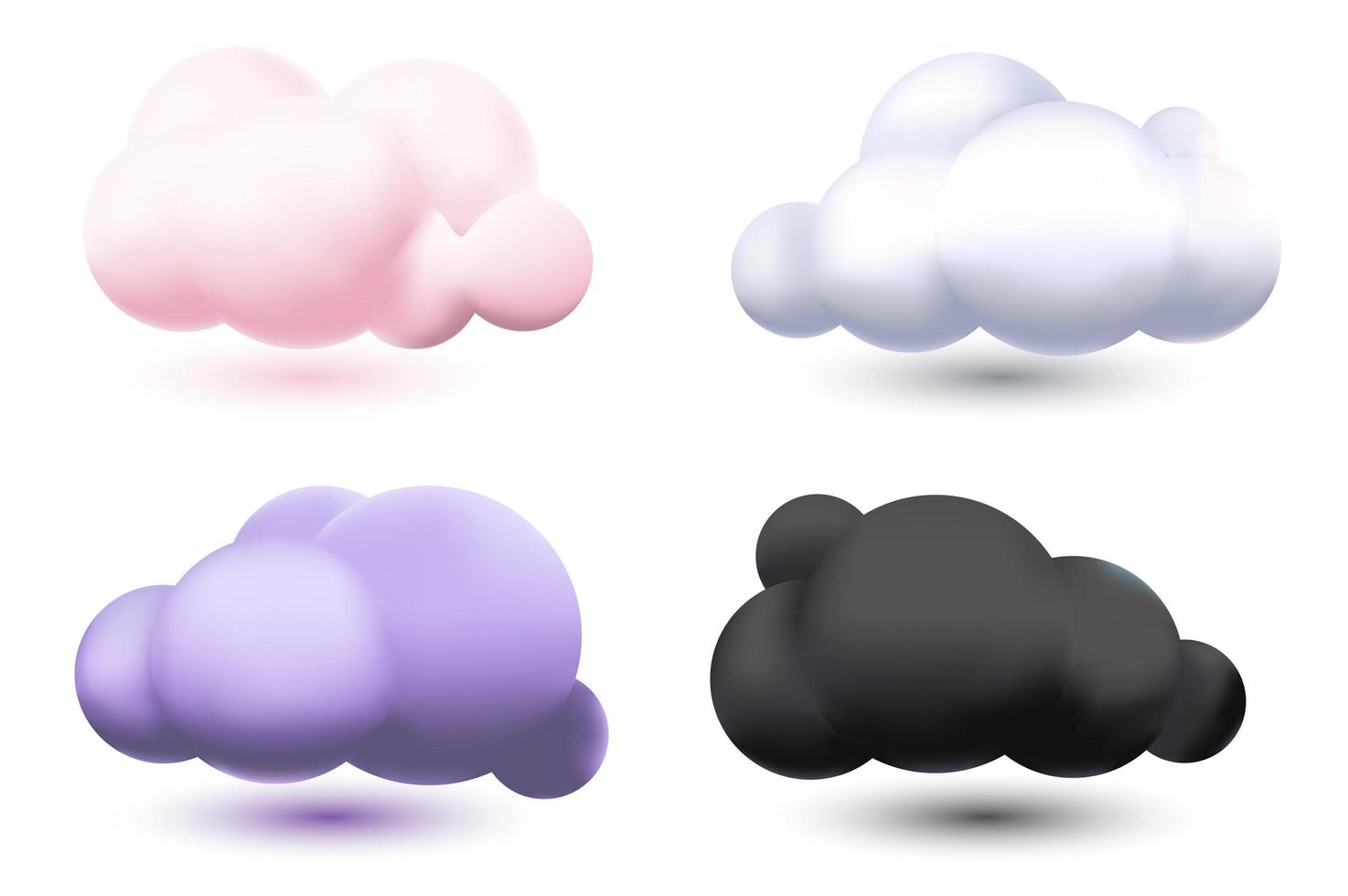 Set of realistic 3d clouds on white background. Soft round fluffy clouds icon in the sky. Geometric shapes. 3d render vector illustrations.