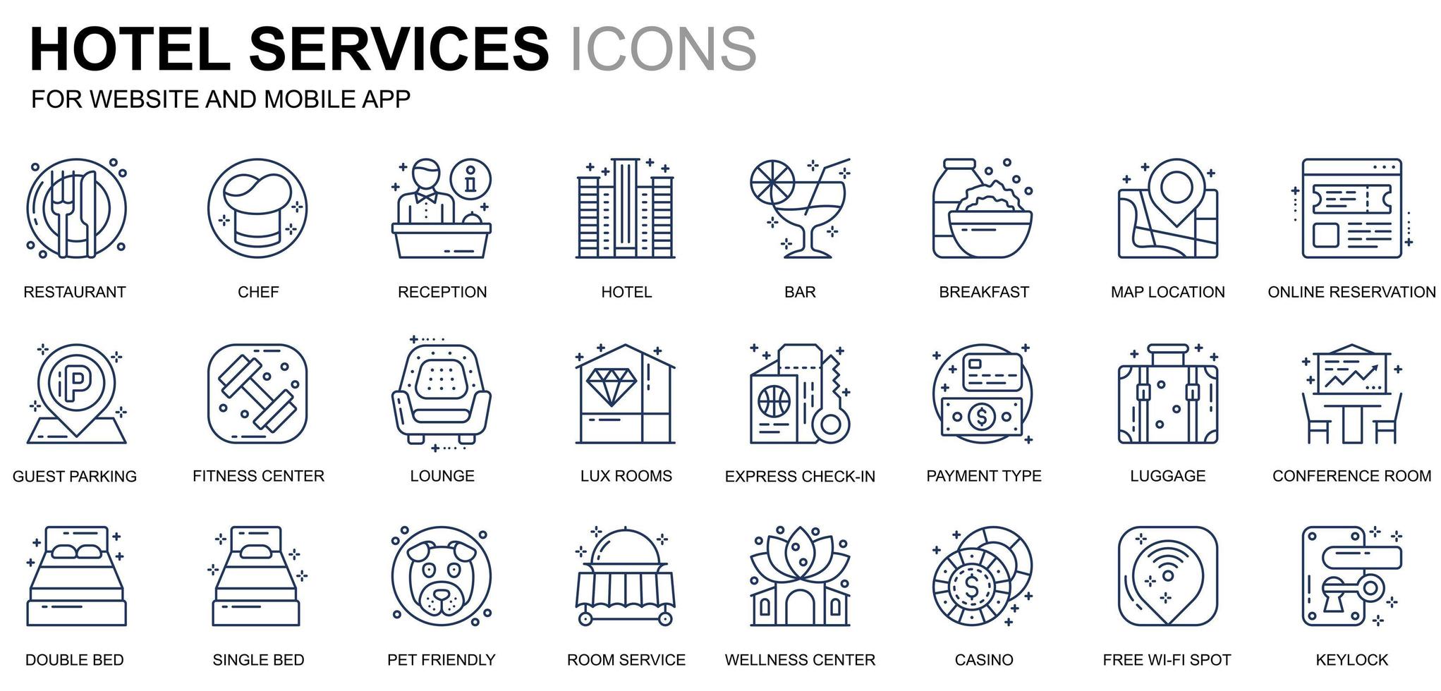 Simple Set Hotel Service Line Icons for Website and Mobile Apps. Contains such Icons as Restaurant, Room Services, Reception. Conceptual color line icon. Vector pictogram pack.