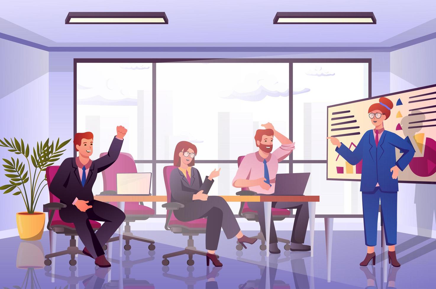 Conference hall concept in flat cartoon design. Colleagues sitting in room, brainstorming and discuss work tasks. Men and women employees communicate. Vector illustration with people scene background