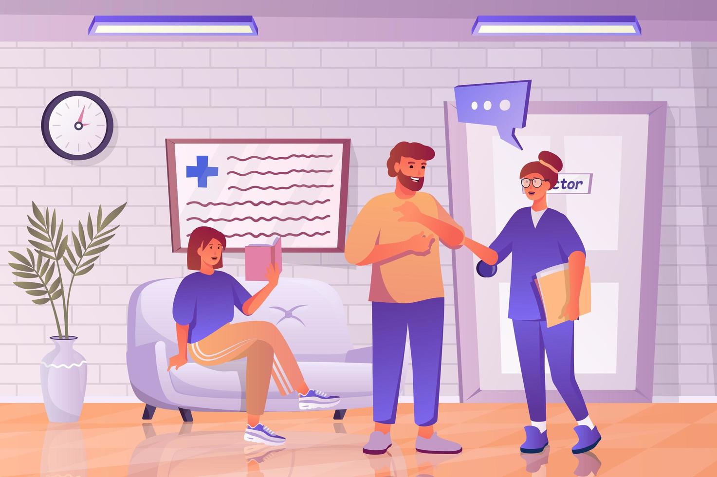 Hospital waiting hall concept in flat cartoon design. Patients waiting visit to doctor at door to therapists office. Nurse talking to man in clinic. Vector illustration with people scene background