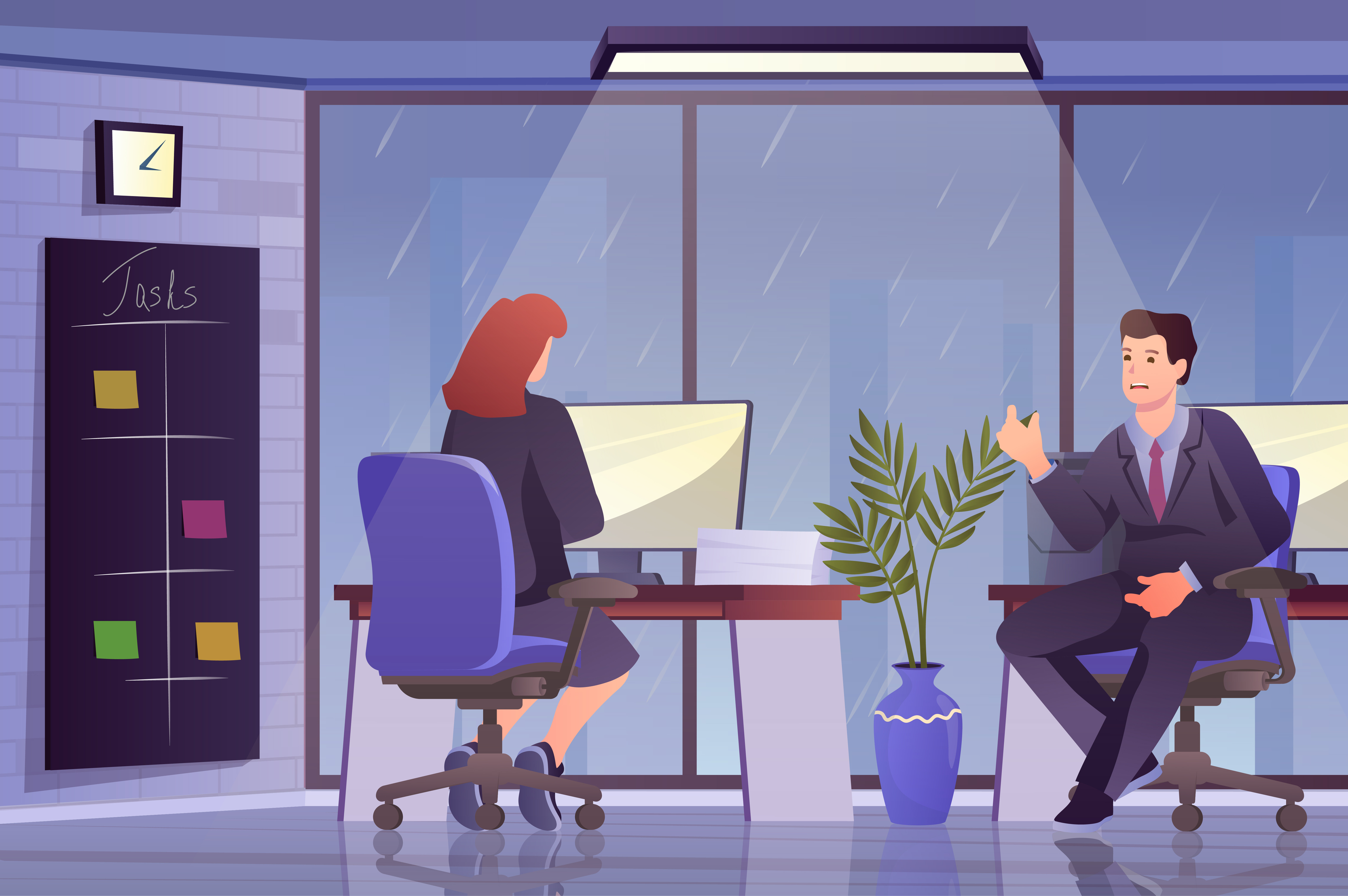 Crunch time concept in flat cartoon design. Overworked man and woman  working in office late at night. Business deadline overtime, stress at  work. Vector illustration with people scene background 5283002 Vector Art