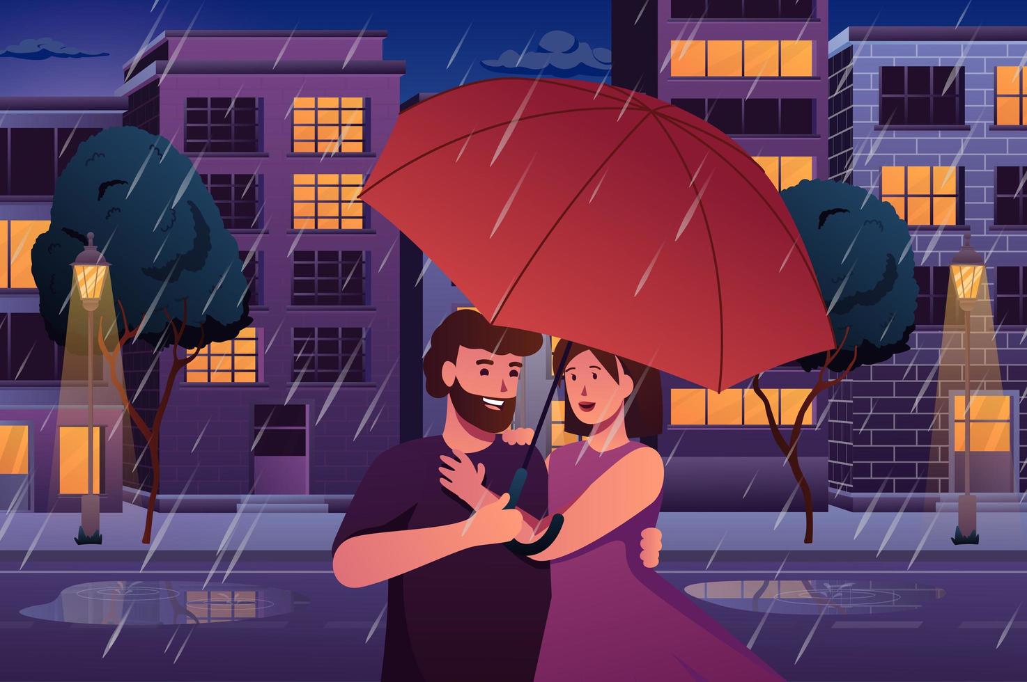 Couple in the rain concept in flat cartoon design. Loving man and woman hugging and walking under umbrella at date in rainy evening at city street. Vector illustration with people scene background