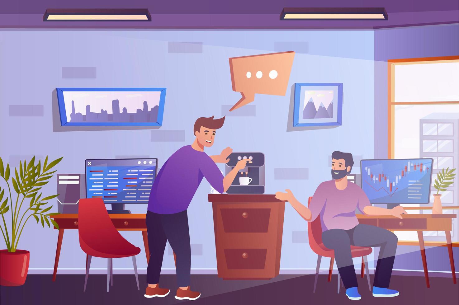 Coffee break in office concept in flat cartoon design. Colleagues making coffee, drinking beverages and discuss work tasks. Male employees communicate. Vector illustration with people scene background