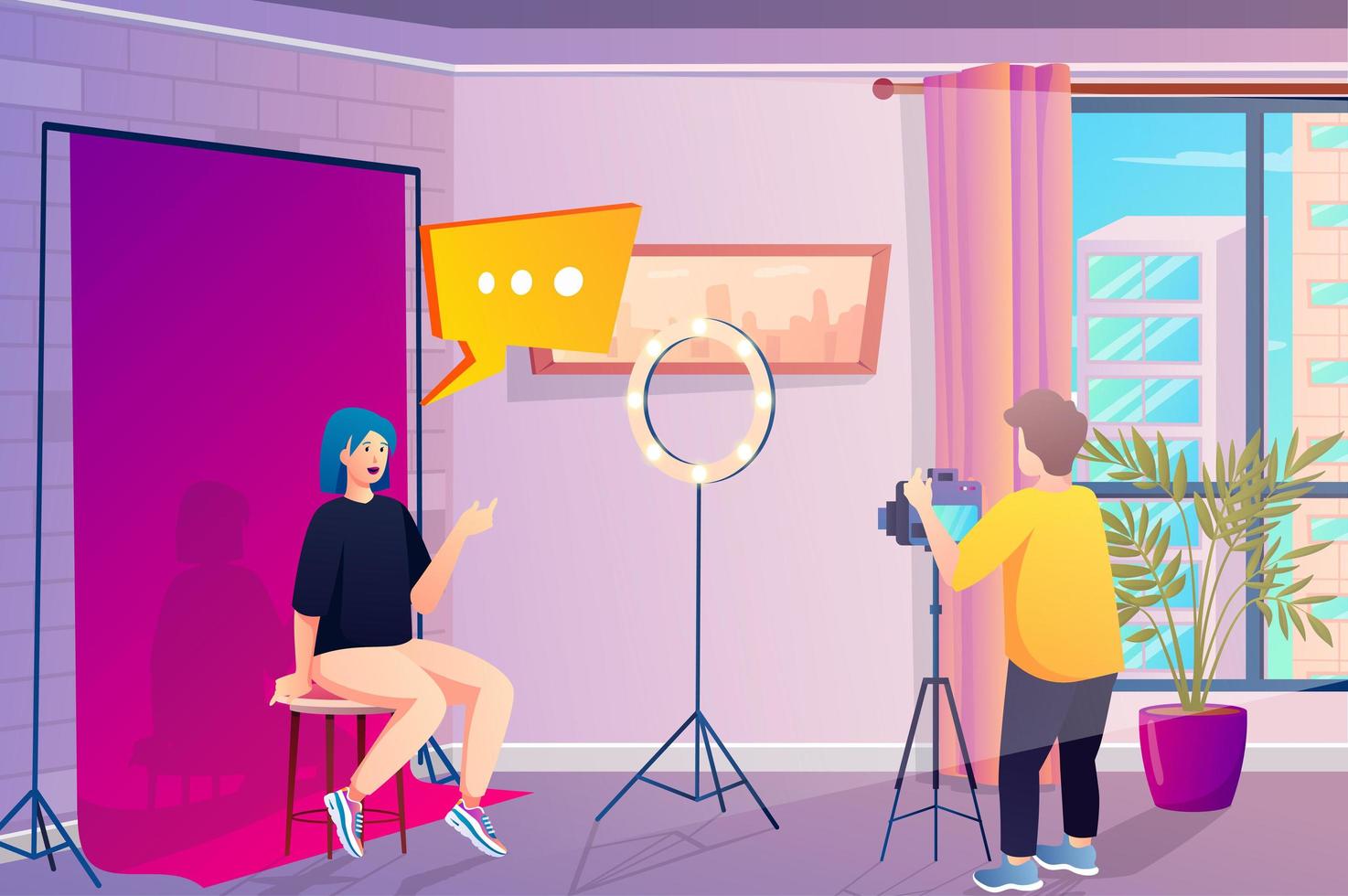 Bloggers room interior concept in flat cartoon design. Woman blogger recording video content with man video operator in professional creative studio. Vector illustration with people scene background