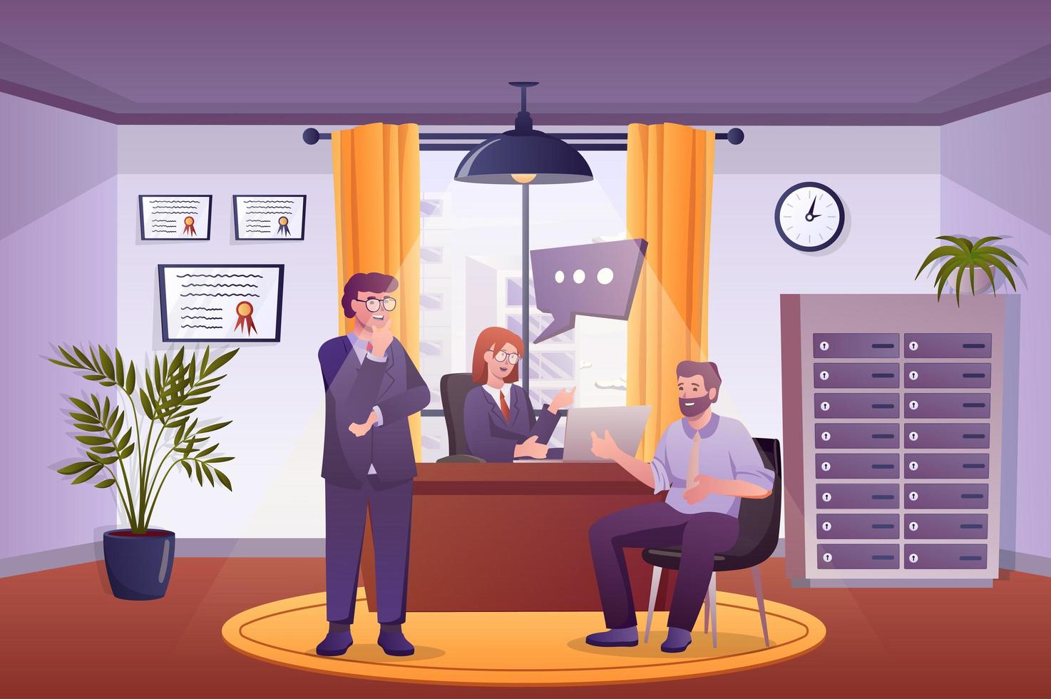 Work interview concept in flat cartoon design. Job applicant talks to HR team managers in office. Recruitment process, looking for new employee. Vector illustration with people scene background