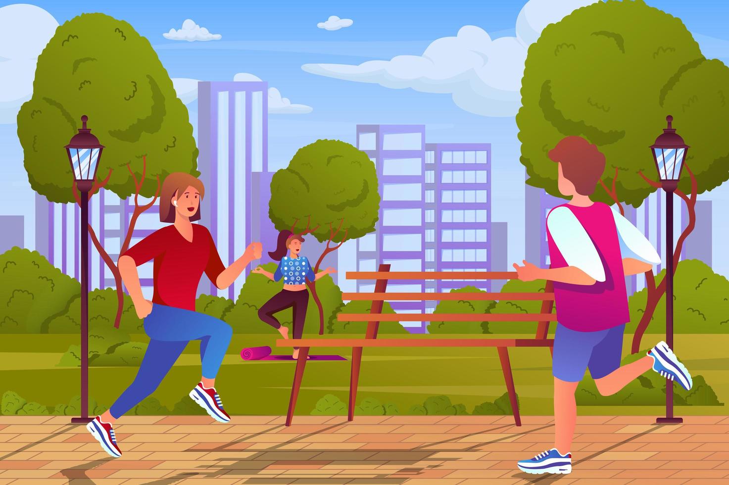 Outdoor workout concept in flat cartoon design. Men and women train in city park, run or do yoga asanas. Healthy lifestyle and sports activities. Vector illustration with people scene background