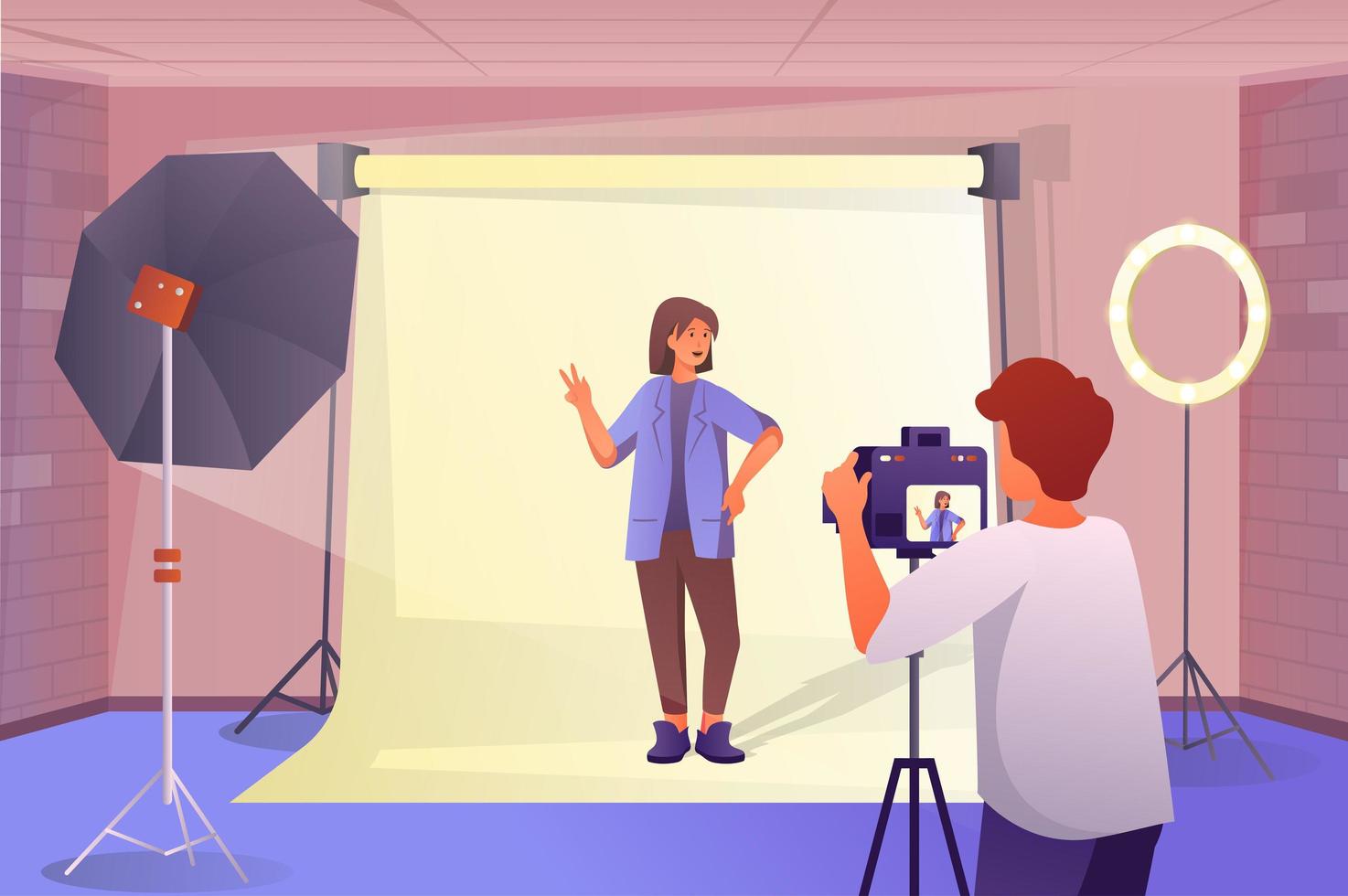 Photo studio interior concept in flat cartoon design. Woman model posing for photographer. Man with camera makes photo shooting in professional studio. Vector illustration with people scene background