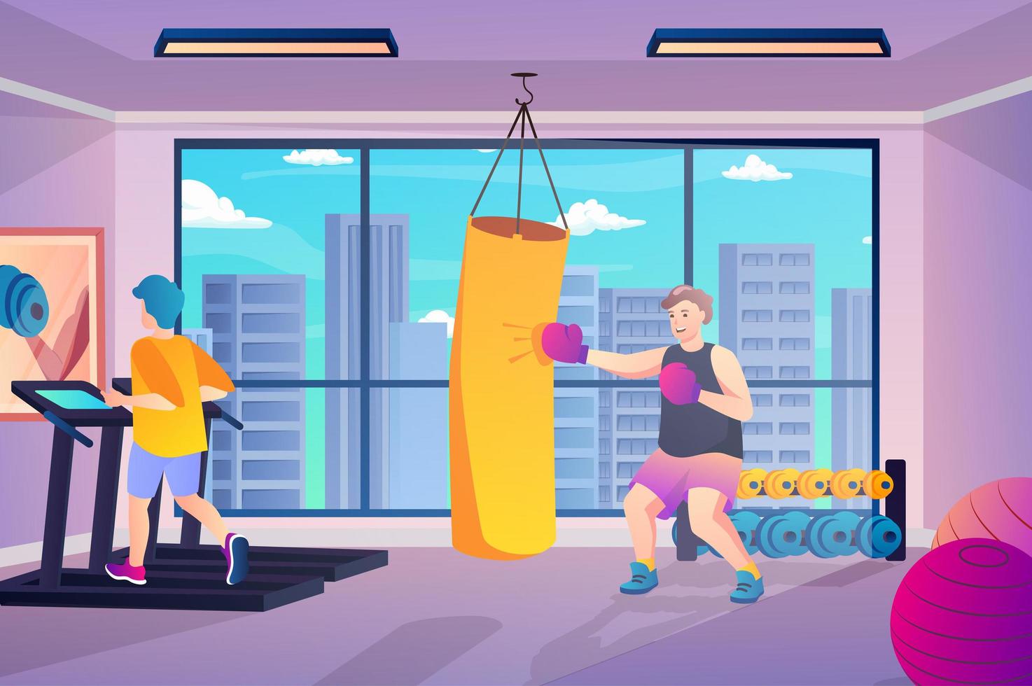 Gym fitness concept in flat cartoon design. Men are running on treadmill or boxing in sports club. Healthy lifestyle and workout training in gym. Vector illustration with people scene background