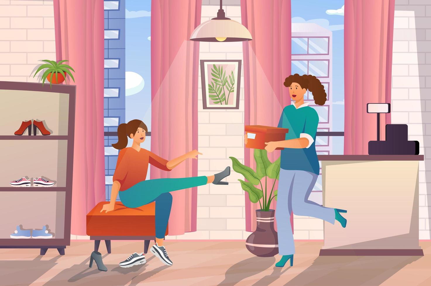 bomba exposición enfocar Shoes store concept in flat cartoon design. Woman buyer chooses and tries  on different stylish shoes in boutique, seller carries boxes of footwears.  Vector illustration with people scene background 5283023 Vector Art