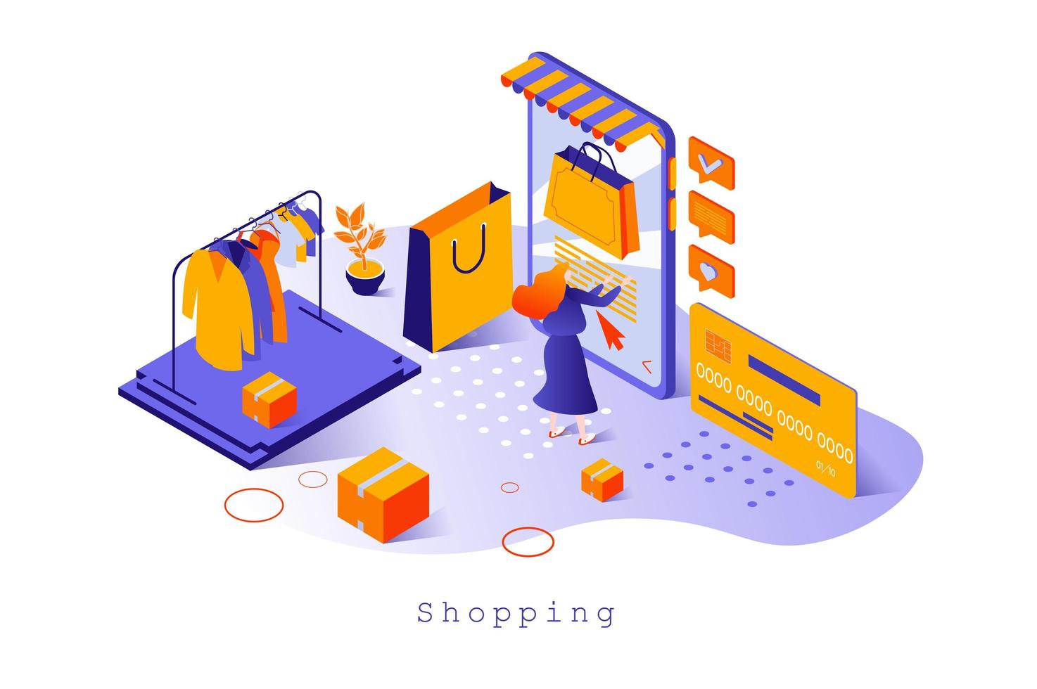 concepto de compras en diseño isométrico 3d. cliente que realiza compras en la aplicación móvil, elige productos y compra en línea con tarjeta de crédito, plantilla web con escena de personas. ilustración vectorial para página web vector