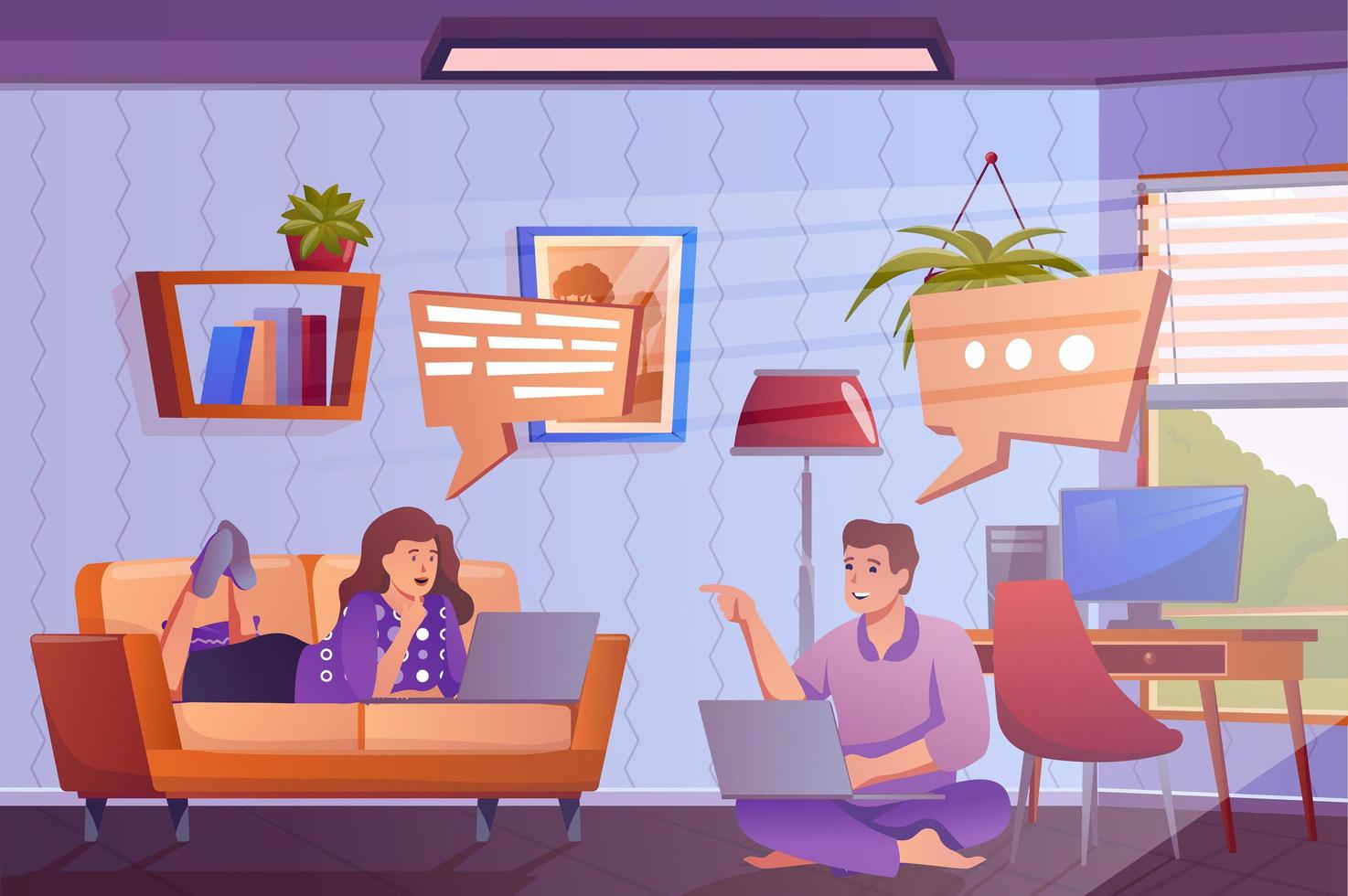 Remote education concept in flat cartoon design. Teenagers boy and girl doing homework on laptops and studying online together in room. Distance learn. Vector illustration with people scene background