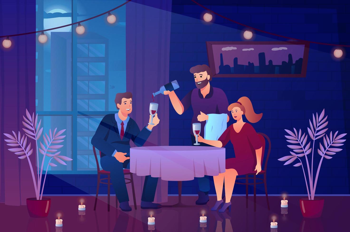 concepto de cita romántica en diseño de dibujos animados planos. amoroso hombre y mujer bebiendo vino sentados a la mesa en el restaurante. noche romántica en café para pareja. ilustración vectorial con fondo de escena de personas vector