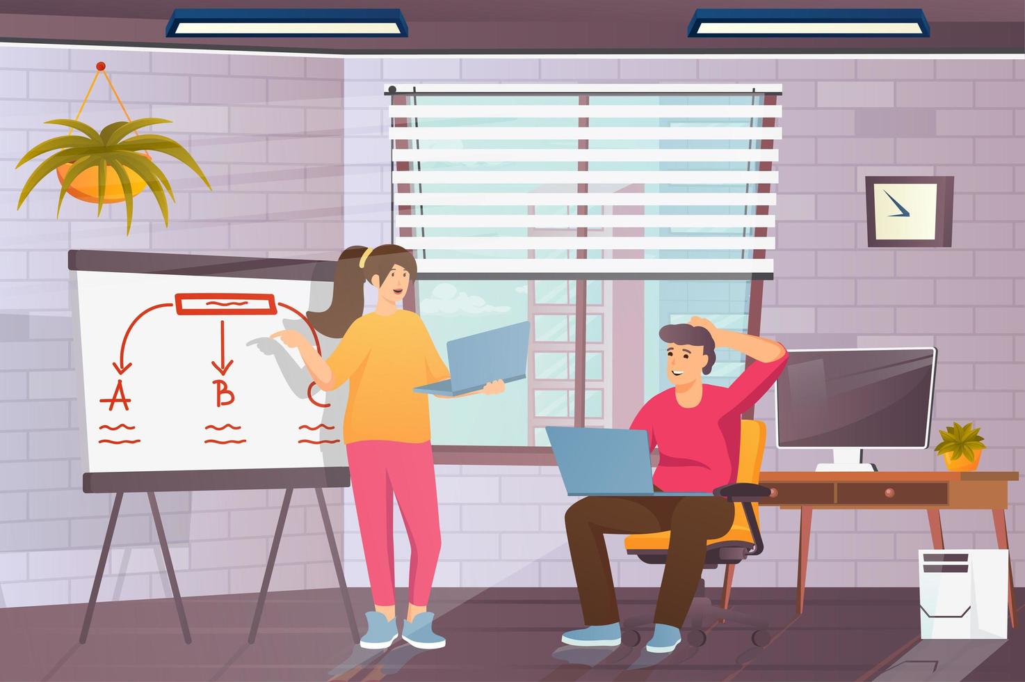 Startup office concept in flat cartoon design. Businessman and businesswoman launch new project and develop marketing strategy and attract investments. Vector illustration with people scene background