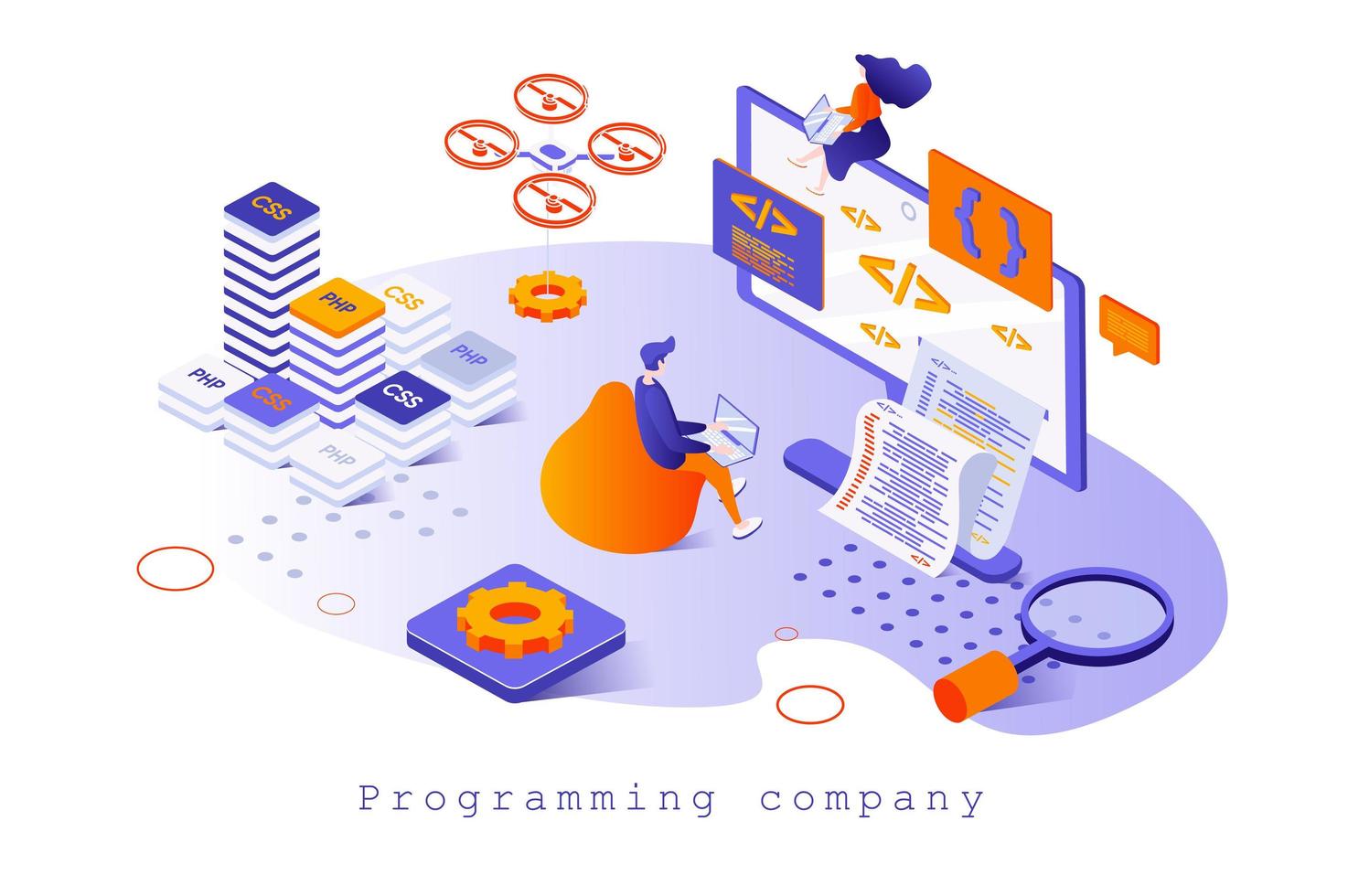 Programming company concept in 3d isometric design. Developer coding and testing, creates and optimizes programs, develops software, web template with people scene. Vector illustration for webpage