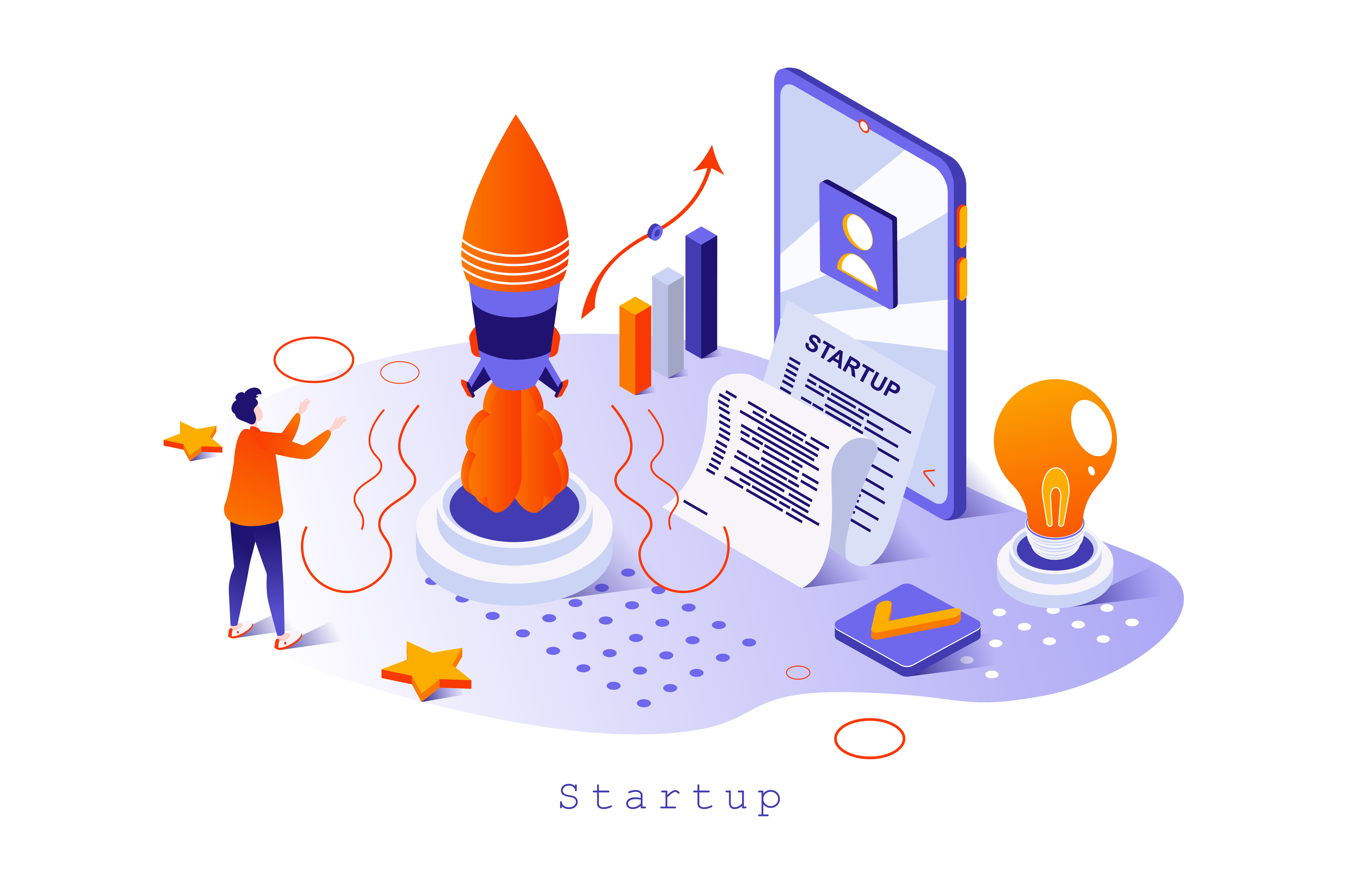 Startup concept in 3d isometric design. Businessman creates and