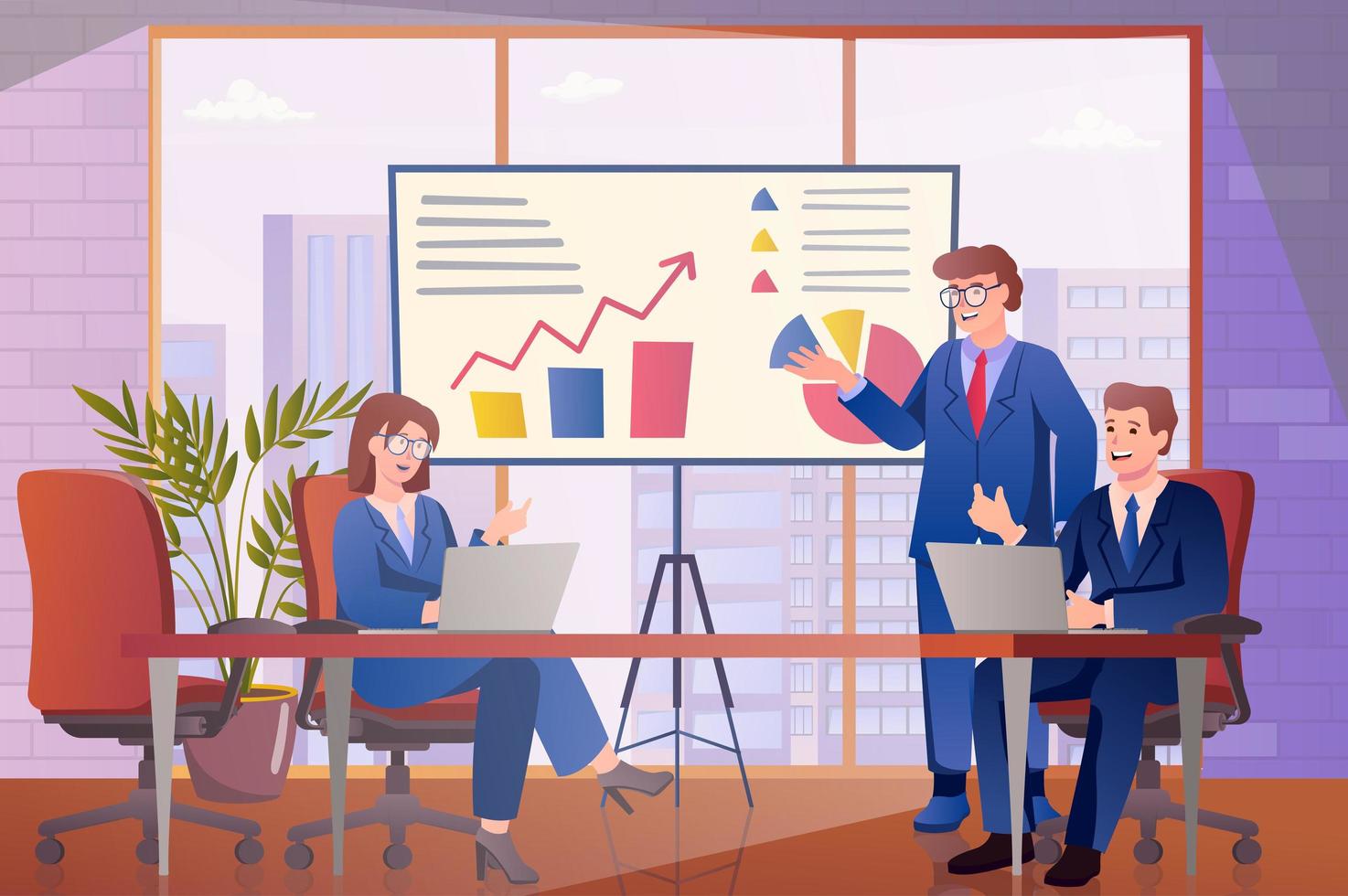 Meeting room concept in flat cartoon design. Employees discuss work tasks while sitting at table, analyze data on large board. Business communication. Vector illustration with people scene background