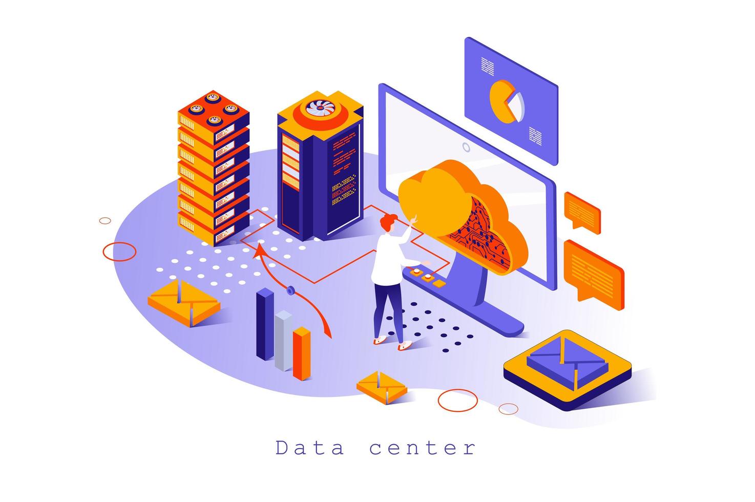 Data center concept in 3d isometric design. Computing, file backup and storage with cloud technologies, hosting and data center, web template with people scene. Vector illustration for webpage