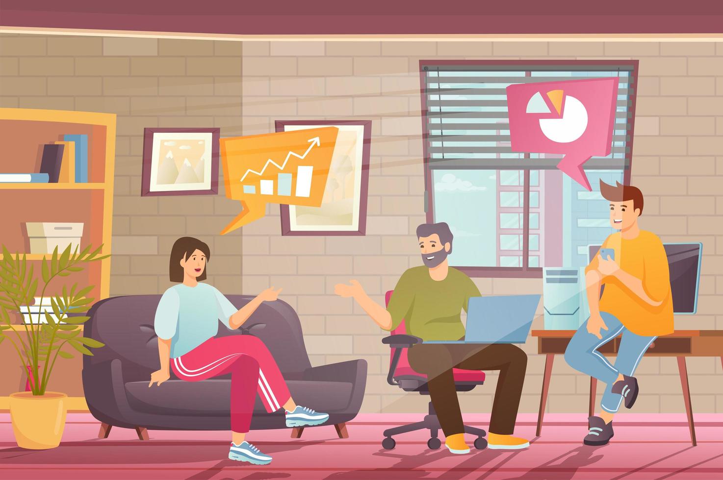 Startupers meeting in office concept in flat cartoon design. Men and women brainstorming and discuss ideas, develop business strategy, launch project. Vector illustration with people scene background