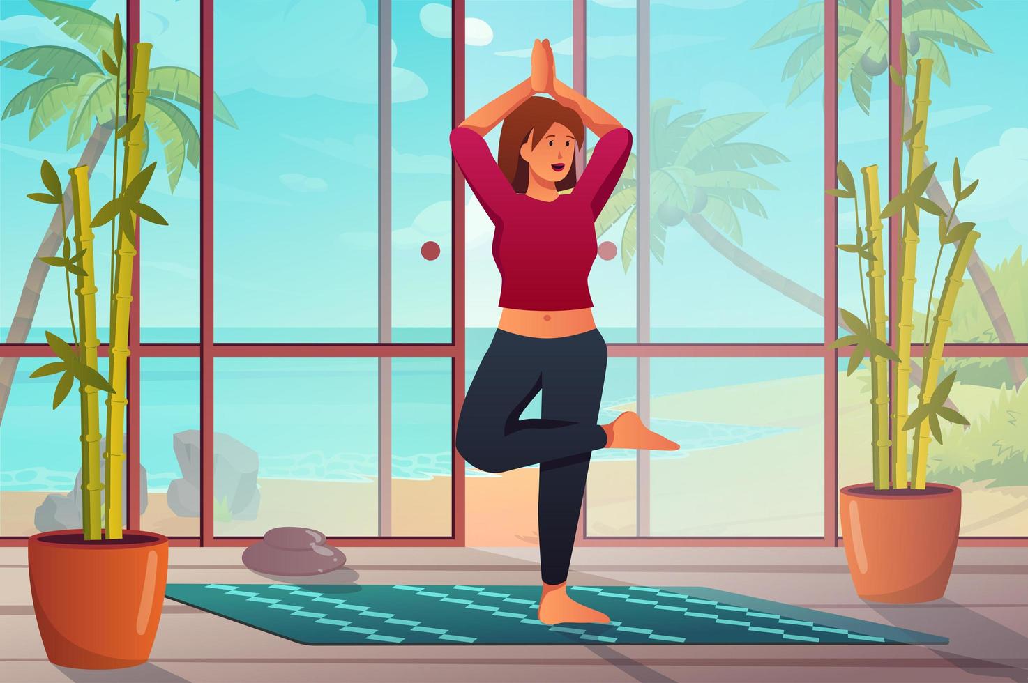 Yoga room concept in flat cartoon design. Women doing asana, exercising balance skill or meditating standing on mat in studio with window and plants. Vector illustration with people scene background