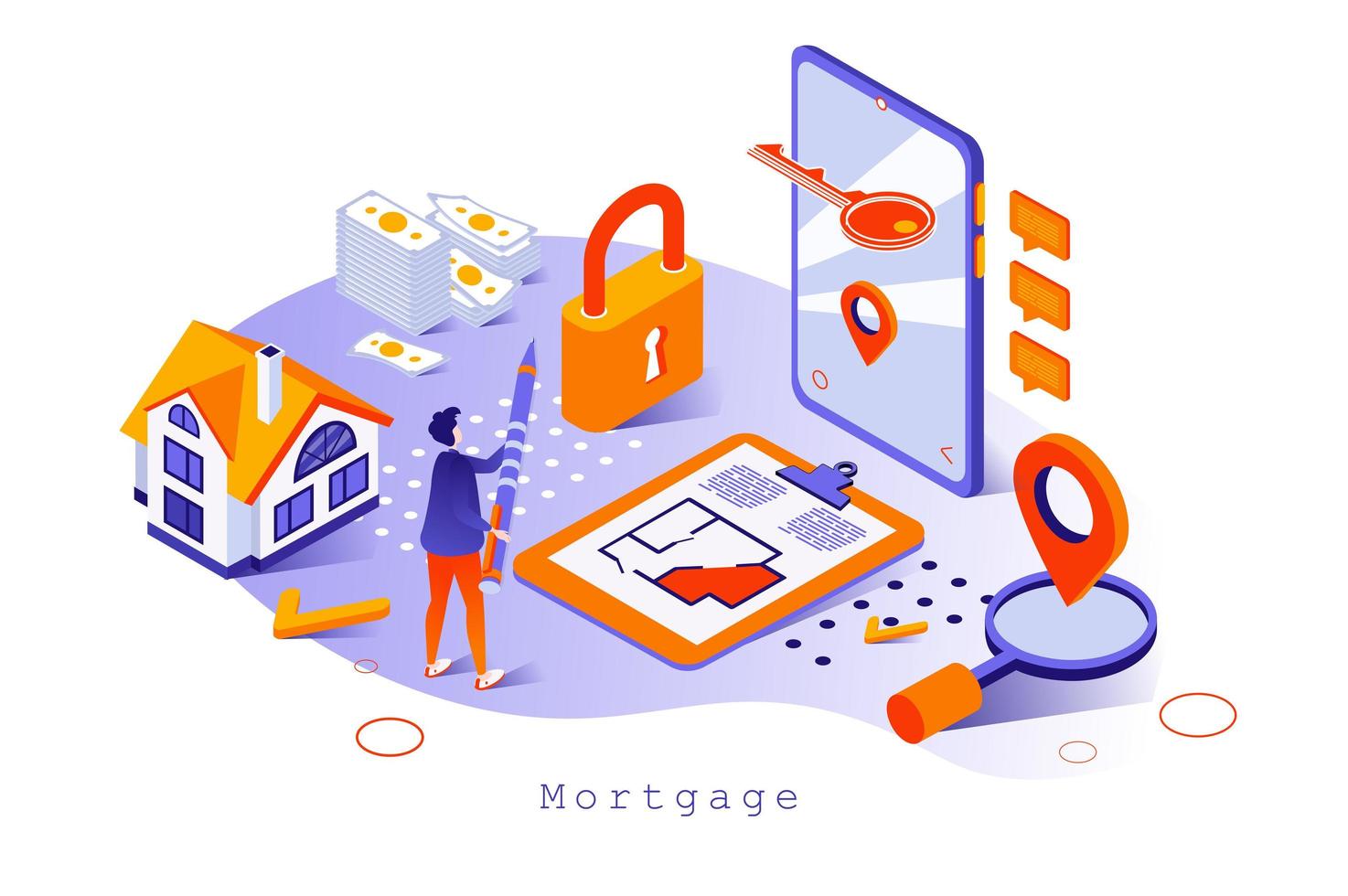 Mortgage concept in 3d isometric design. Buyer takes bank loan to buy new house, concludes agreement with realtor, real estate business, web template with people scene. Vector illustration for webpage