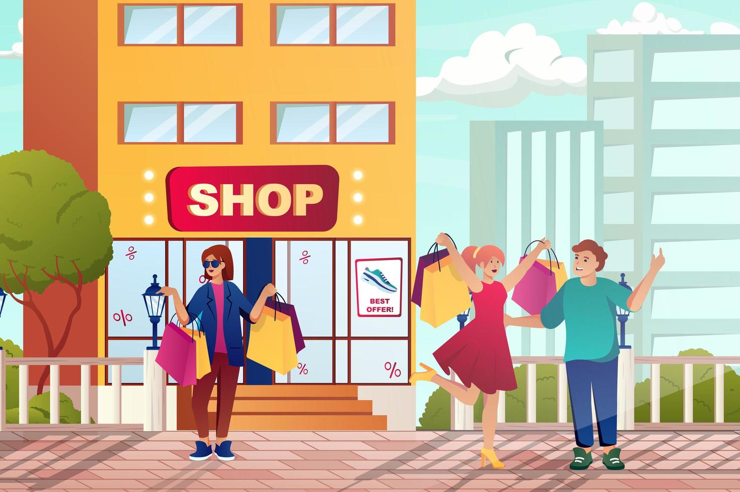 compras callejeras con concepto de clientes en diseño de dibujos animados planos. compradores de hombres y mujeres con bolsas caminando cerca de las tiendas y haciendo compras en las ventas. ilustración vectorial con fondo de escena de personas vector