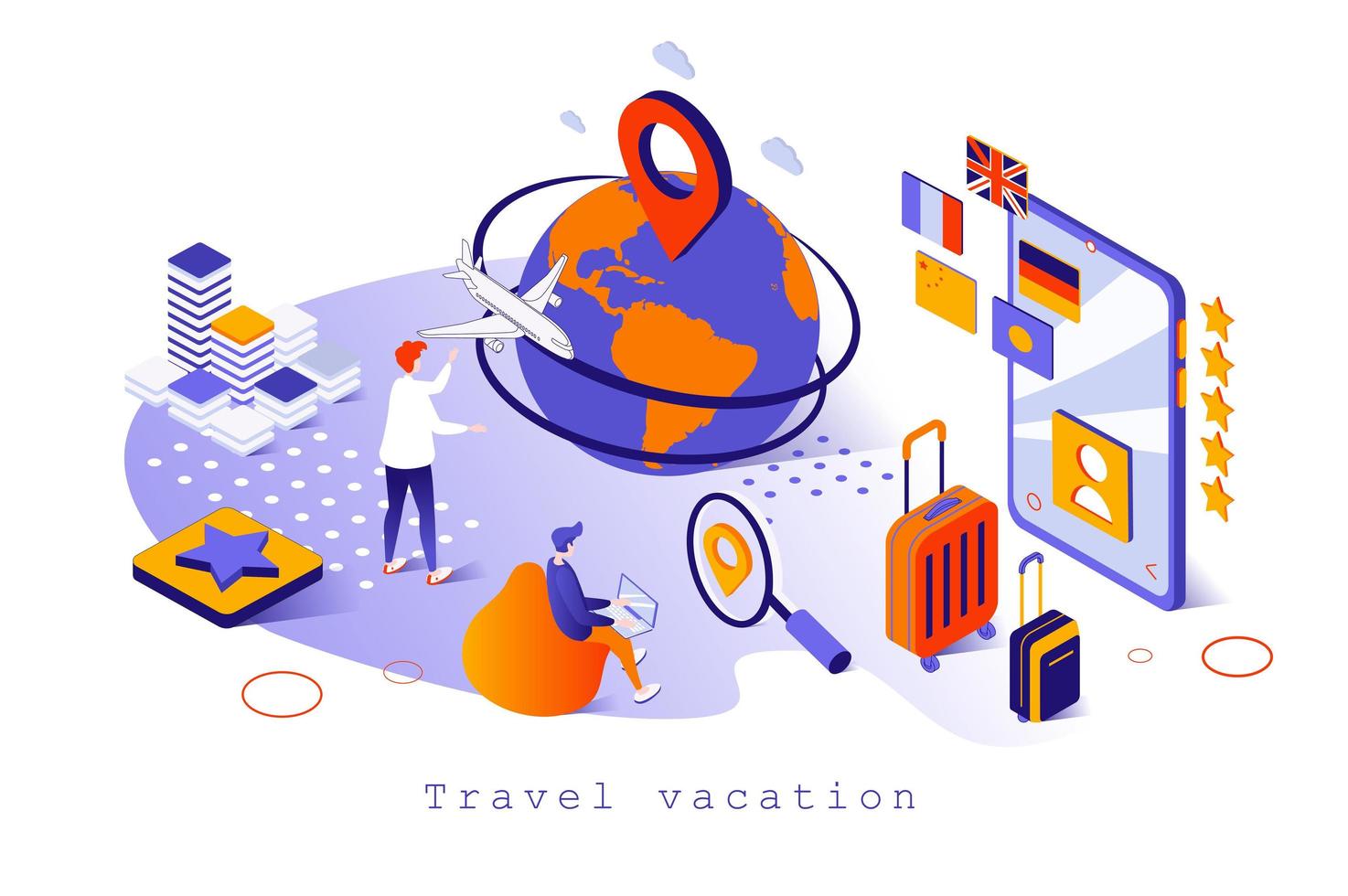 Travel vacation concept in 3d isometric design. Tourists go on vacation resort, fly by airplane other countries, global tourism trip, web template with people scene. Vector illustration for webpage