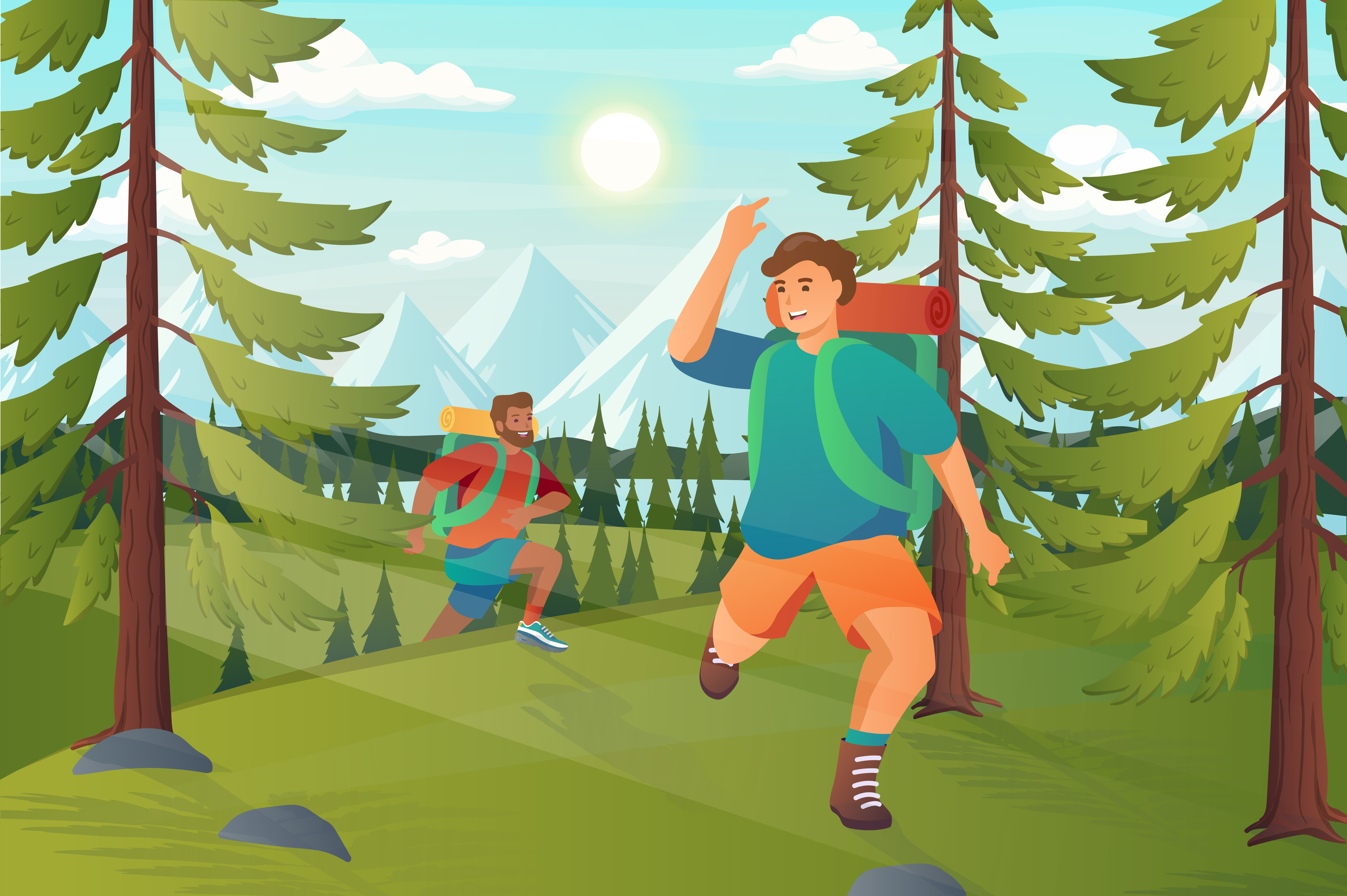 Travelers hiking in forest concept in flat cartoon design. Men hikers with backpacks run in green forest, summer camping outdoors, mountain tourism. Vector illustration with people scene background 5283056 Vector Art at Travelers hiking in forest concept in flat cartoon design. Men hikers with backpacks run in green forest, summer camping outdoors, mountain tourism. Vector illustration with people scene background 5283056 Vector Art at