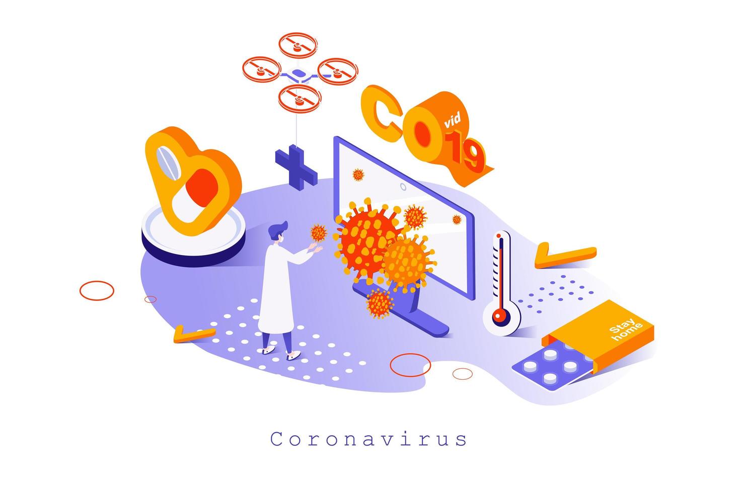 Coronavirus concept in 3d isometric design. Scientist researches virus and develops vaccines and medicines for disease, stop covid-19, web template with people scene. Vector illustration for webpage