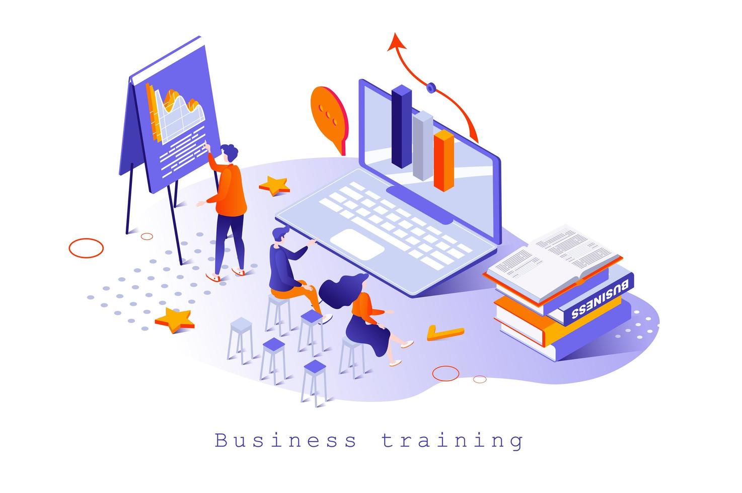 Business training concept in 3d isometric design. Employees learning at coach lecture, mentoring and consulting, career development, web template with people scene. Vector illustration for webpage