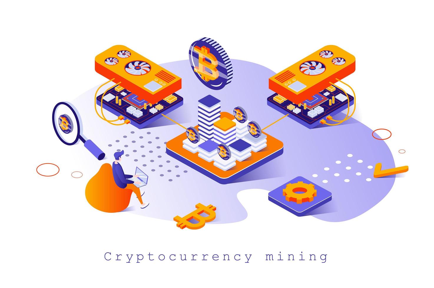 Cryptocurrency mining concept in 3d isometric design. Mining bitcoins and other crypto money on farm, trading, blockchain technology, web template with people scene. Vector illustration for webpage