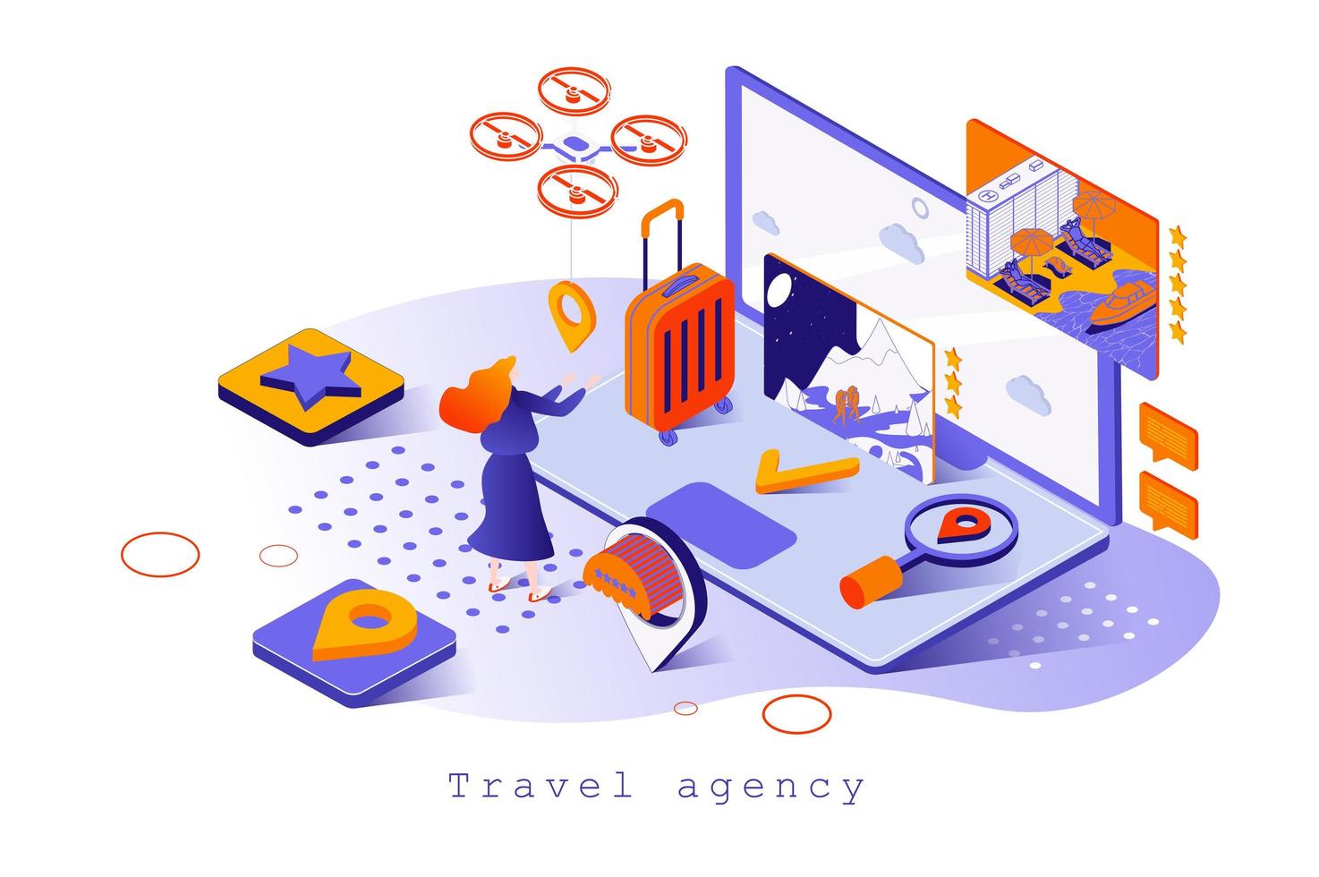 Travel agency concept in 3d isometric design. Search for destinations for tourist trip, booking tickets and hotel rooms for vacation, web template with people scene. Vector illustration for webpage