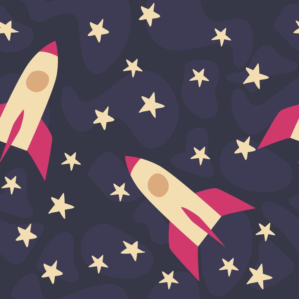 Childish Space rocket journye seamless pattern. Cosmos flight concept. Illustration in flat hand drawn style for boy s nursery vector
