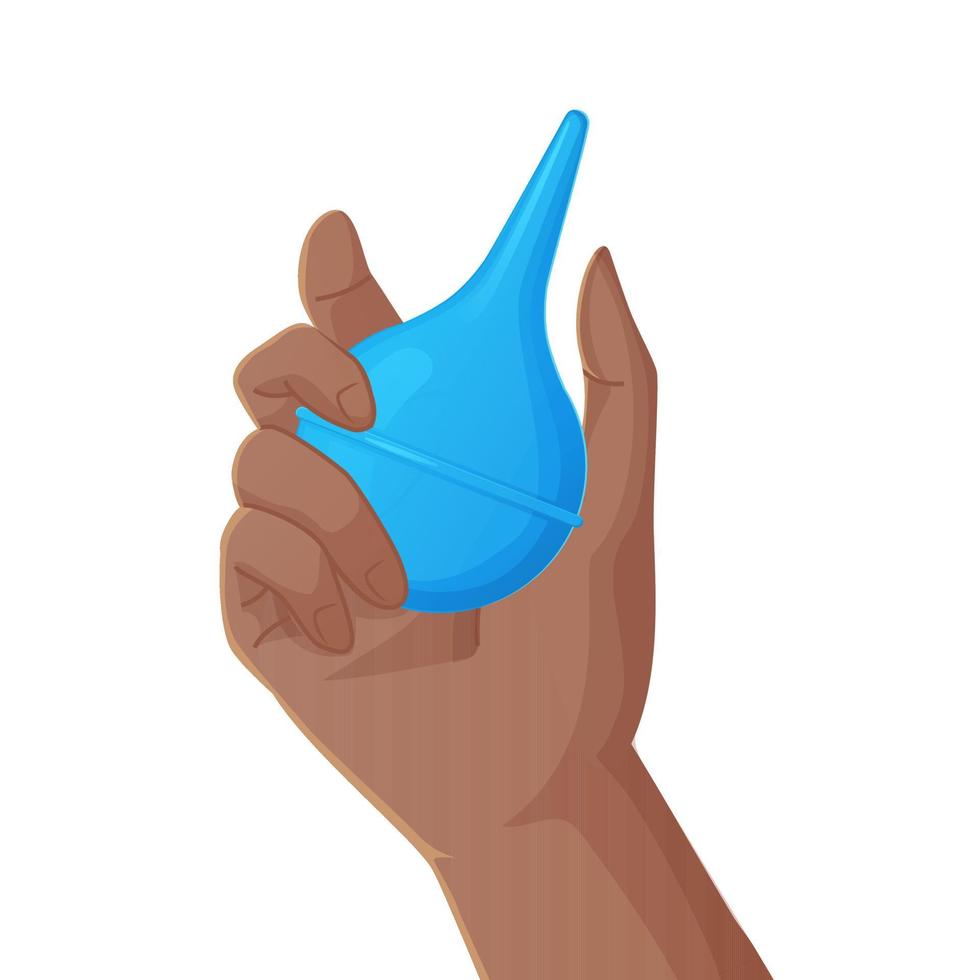 black man holding pink rubber enema or clyster. Medical cleaning body detox tool. Illustration in cartoon style isolated on white background. vector
