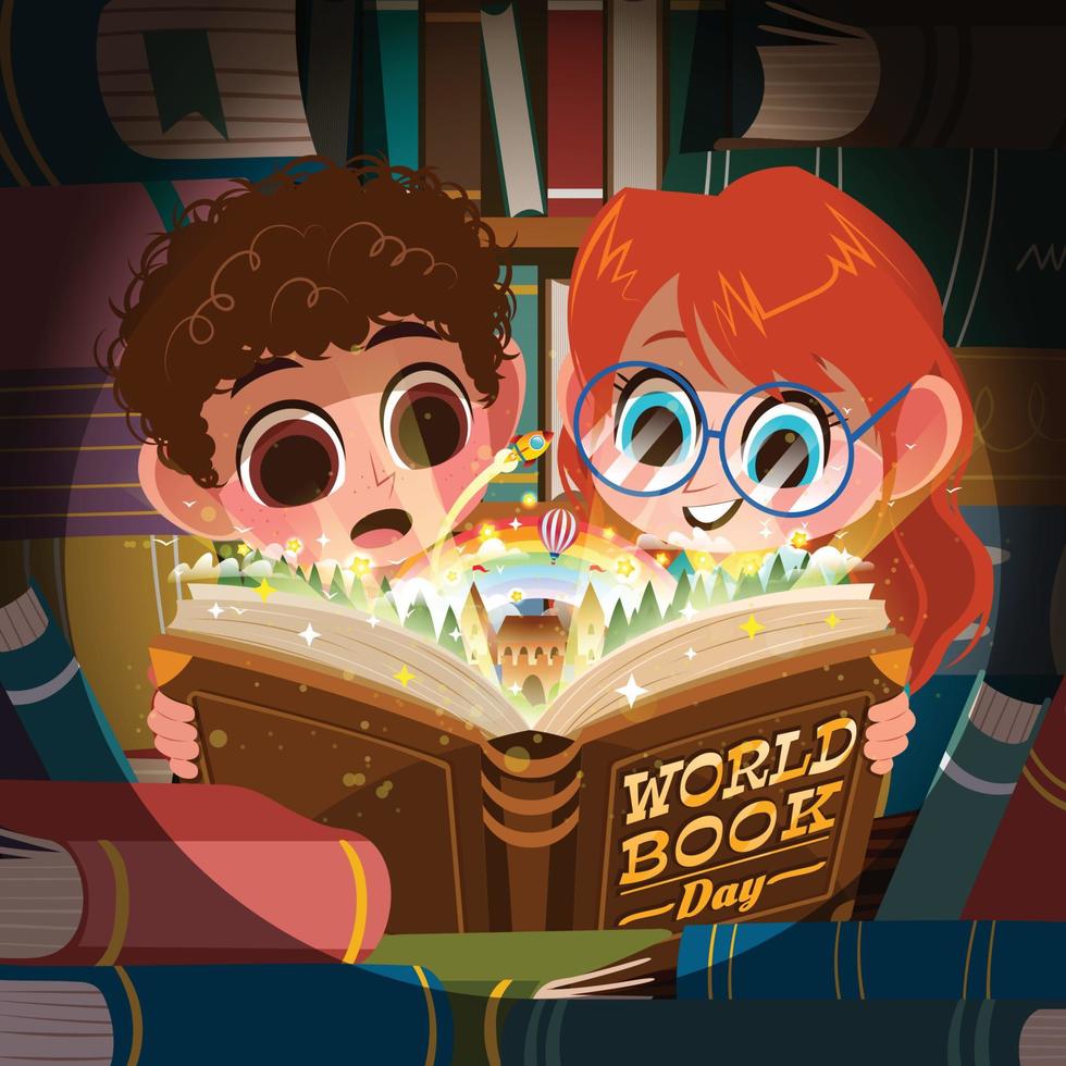 concepto del día mundial del libro con dos niños leyendo un libro vector