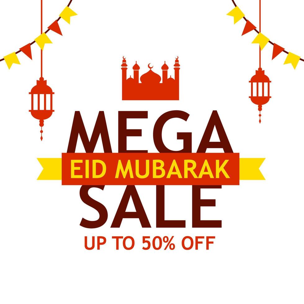 text Eid mubarak mega Sale with upto 50 percent off offers on hanging lanterns white background vector