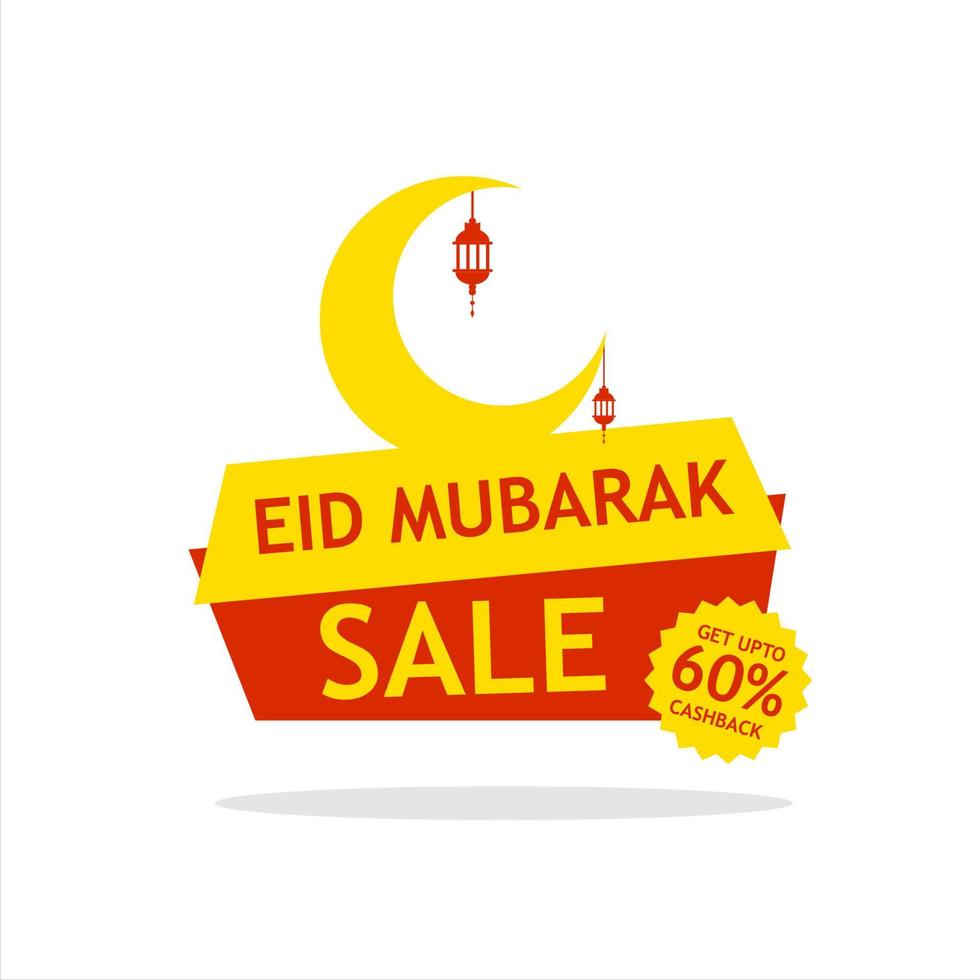 Eid mubarak mega offers banner design with crescent moon, hanging lanterns and 60 percent discount offer on white background. vector