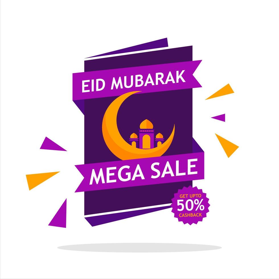 Eid mubarak mega sale banner design, with crescent moon, mosque and 50 percent cashback offer on white background vector