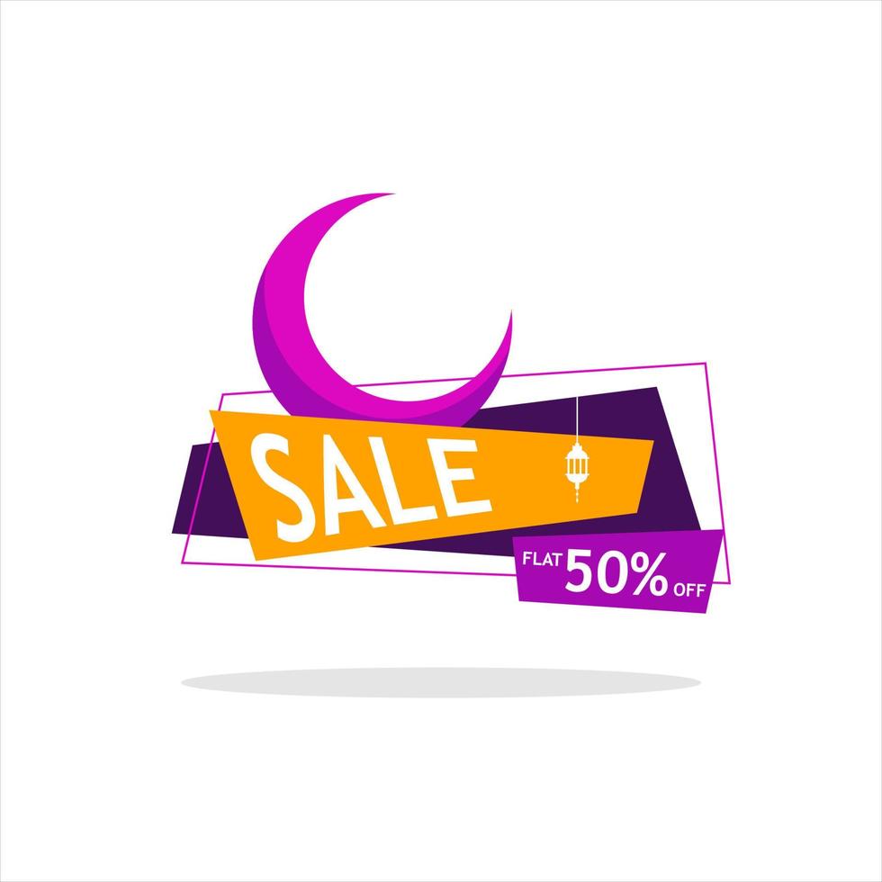 Crescent purple colour moon with text Sale and 50 percent Off Offer. vector