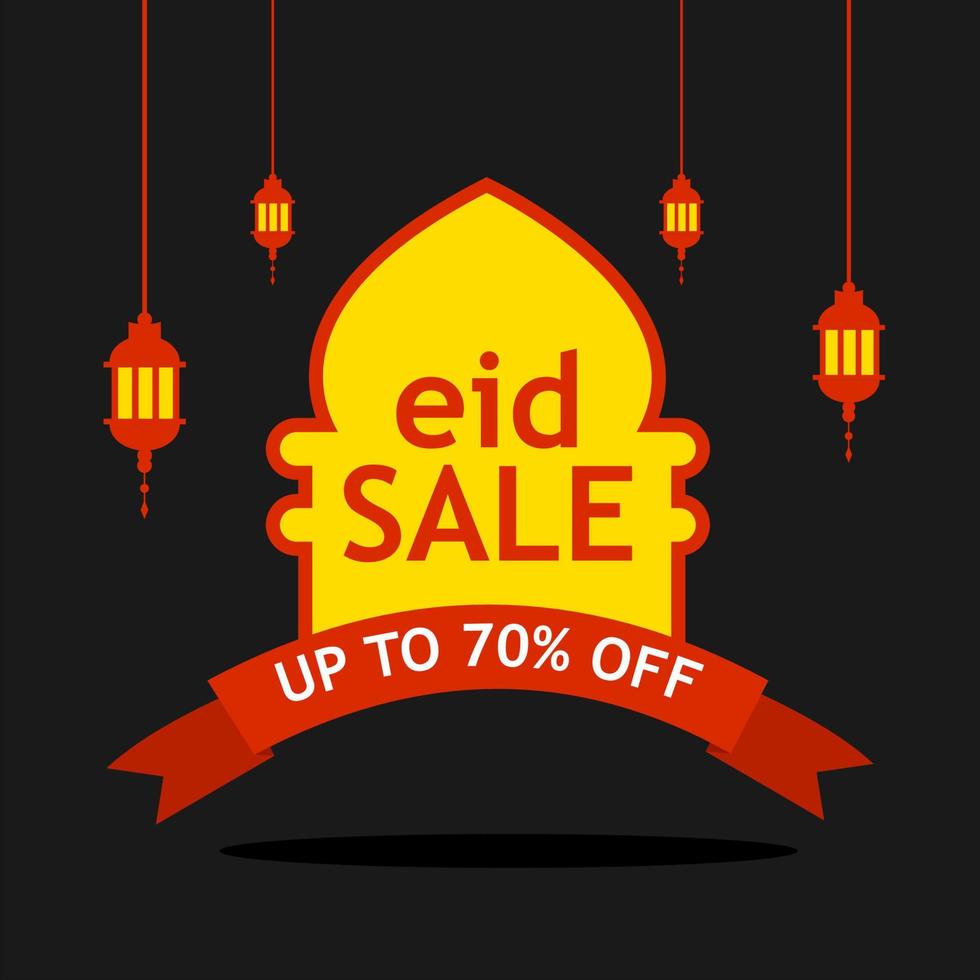 Eid sale, poster, banner or flyer design with mosque shape and hanging lanterns. Upto 70 percent off offers vector