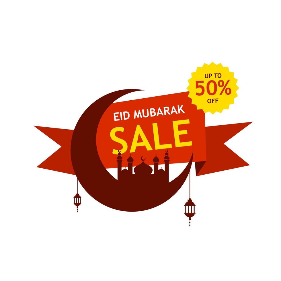 Holy Month, Eid Mubarak Sale Ribbon design, Creative big crescent moon with mosque and lamps for Islamic Festivals celebration vector