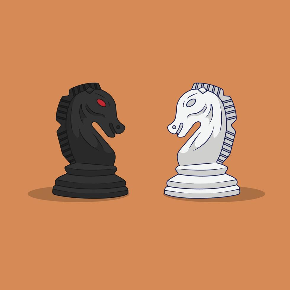 chess knight black and white face each other, horse head vector icon illustration flat style on brown background for web, banner, sticker, icon