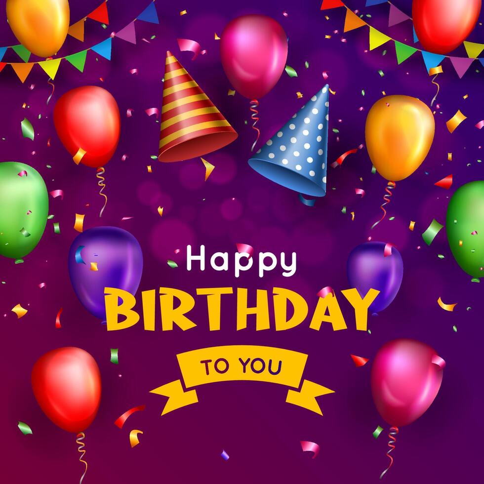 happy birthday colorful balloons and party cap background vector