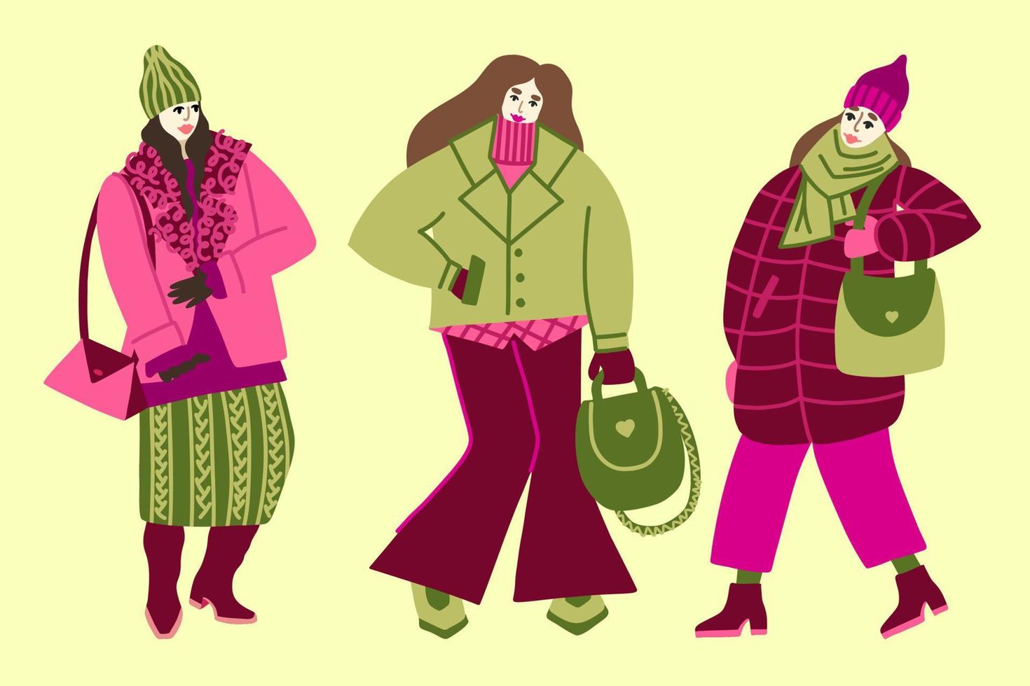 Set of illustrations of three girls in winter casual clothes. Women in high boots, knitted skirt, fur coat, down jackets, leather jacket, flared jeans and scarf vector