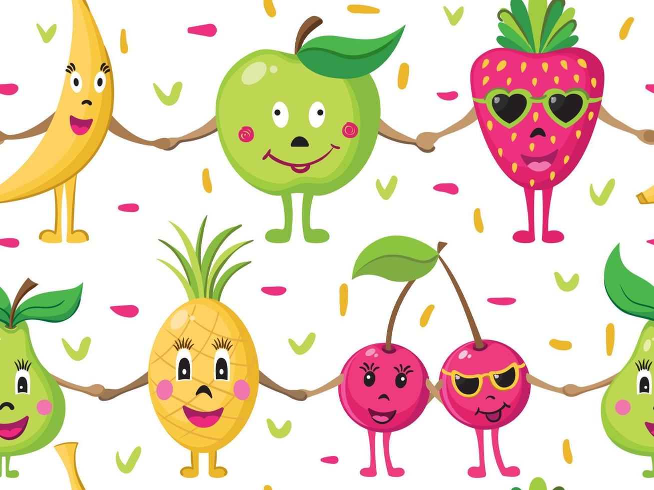 personajes de dibujos animados tomados de la mano. patrón impecable con fruta amistosa. bayas y frutas de verano toman el sol. vector