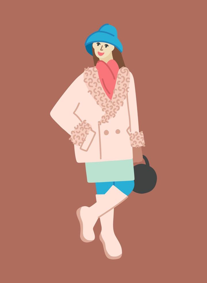 A woman in a hat, an elongated coat, a narrow mini skirt, and high boots. A girl in winter clothes in boho style. vector