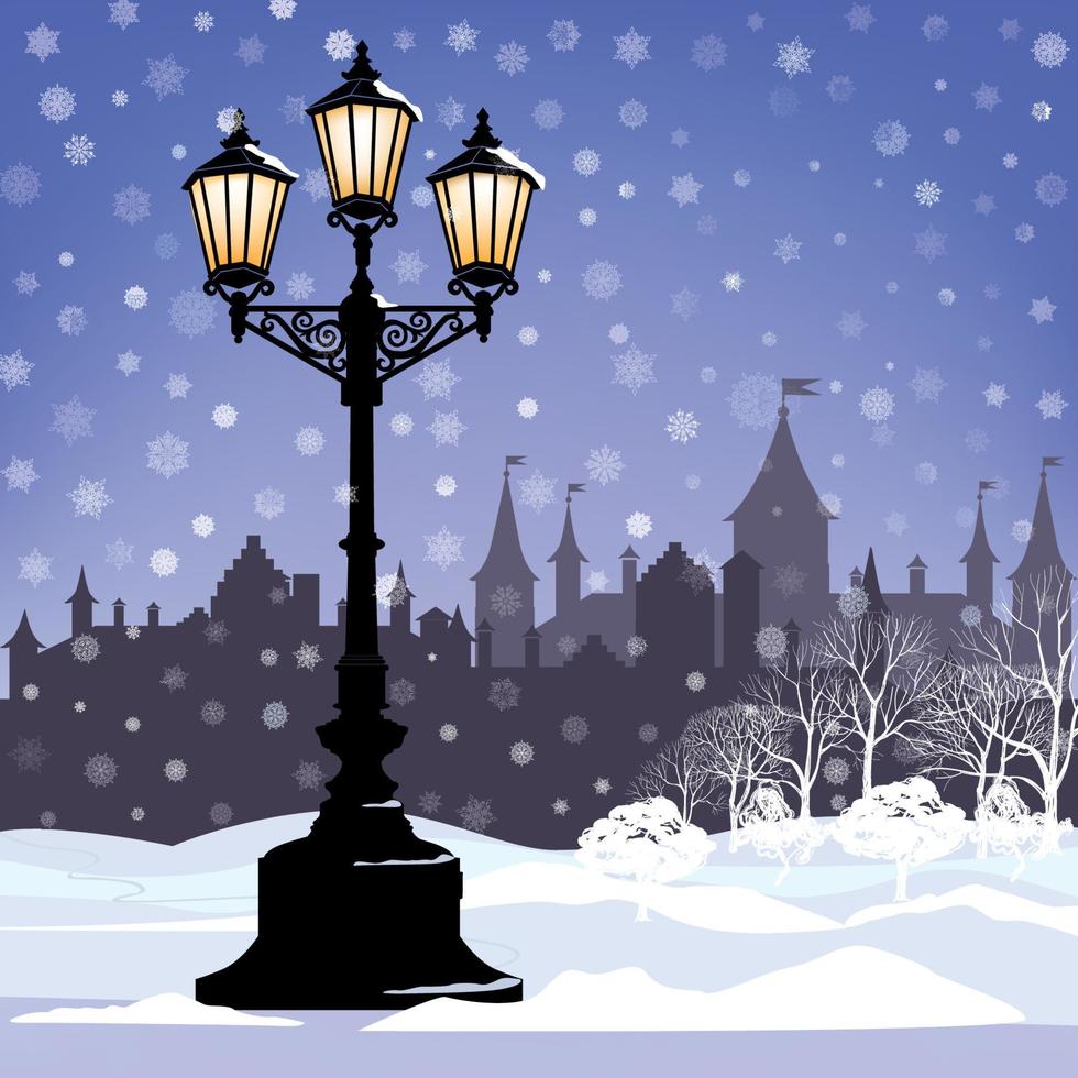 Winter city garden snowfall landscape. Park alley in snow with street light. Snowy city street skyline. Christmas holiday nature background. vector