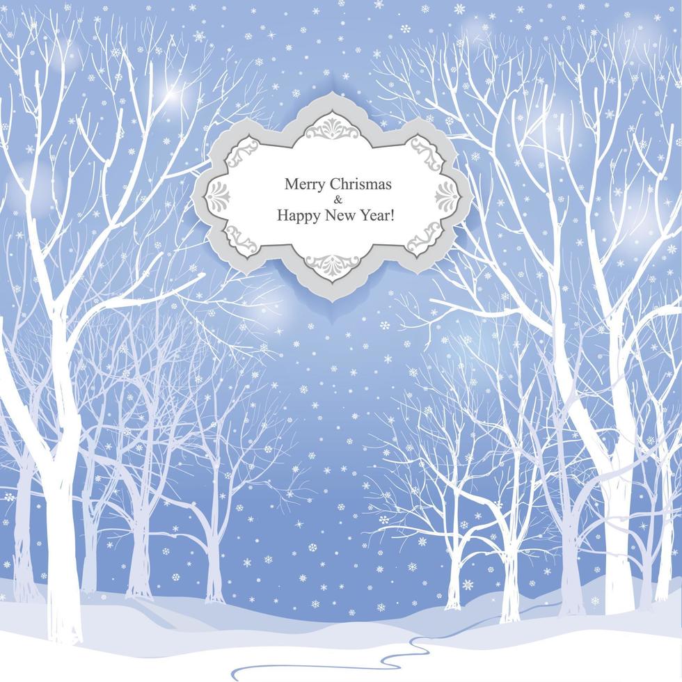 Snow winter landscape with decorated Christmas tree. Merry Christmas holiday greeting card background with snowy winter forest. Christmas wallpaper with copy space. vector