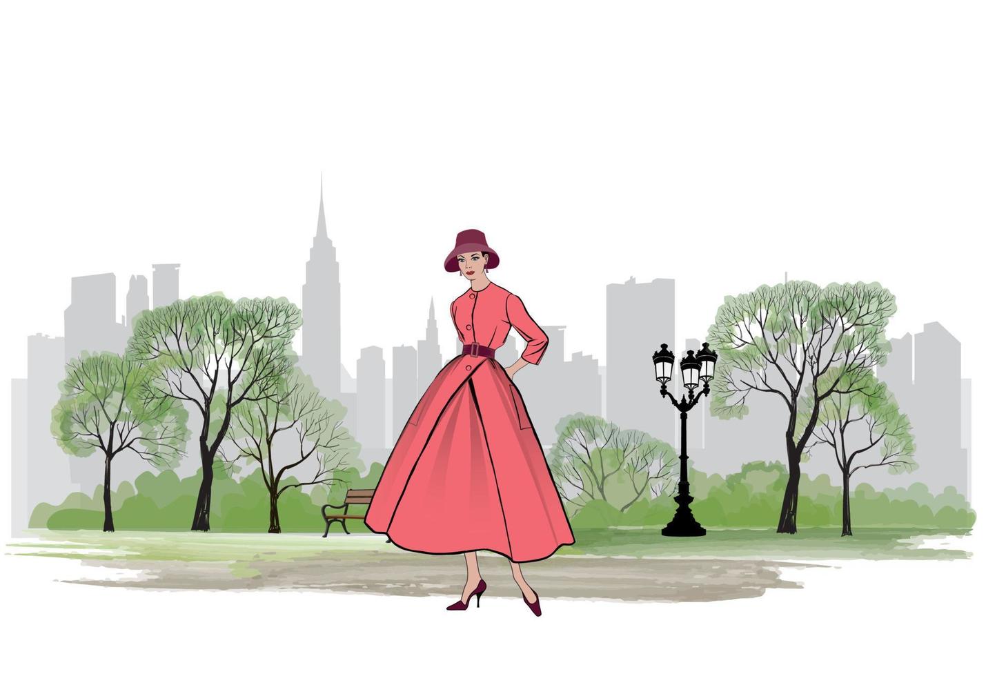 Retro fashion dressed woman 1950s 1960s style in city park landscape.  Stylish young lady in vintage clothes. Autumn Fashion party silhouettes from 60s. Cityscape skyline. Urban life illustration. vector