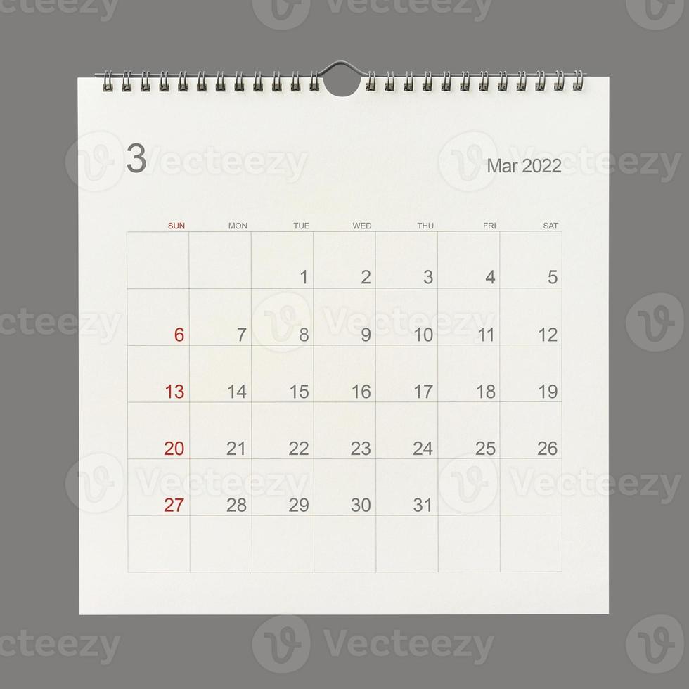 March 2022 calendar page on white background. Calendar background for reminder, business planning, appointment meeting and event. photo